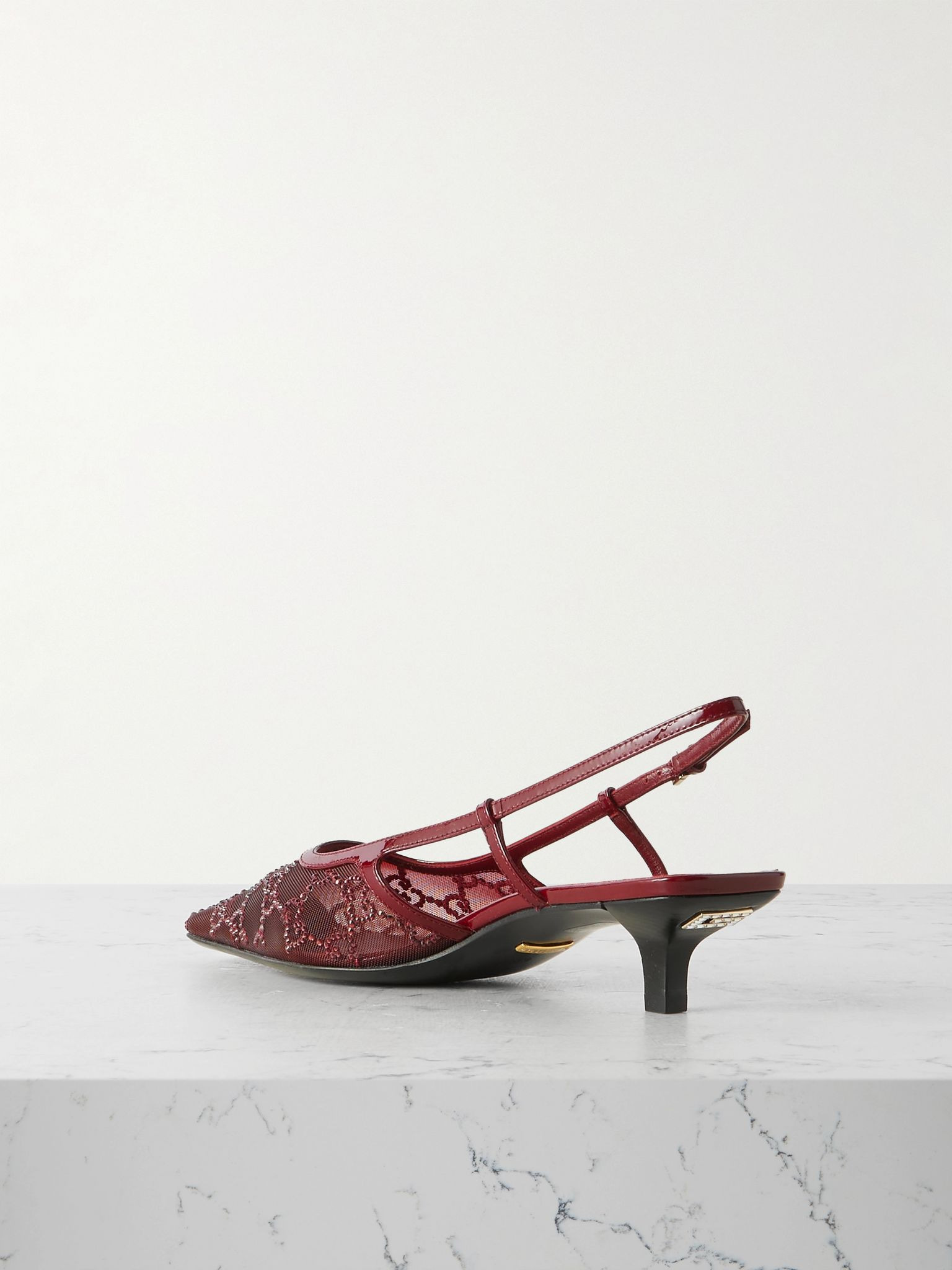 Demi patent leather-trimmed crystal-embellished mesh slingback pumps Burgundy - 3
