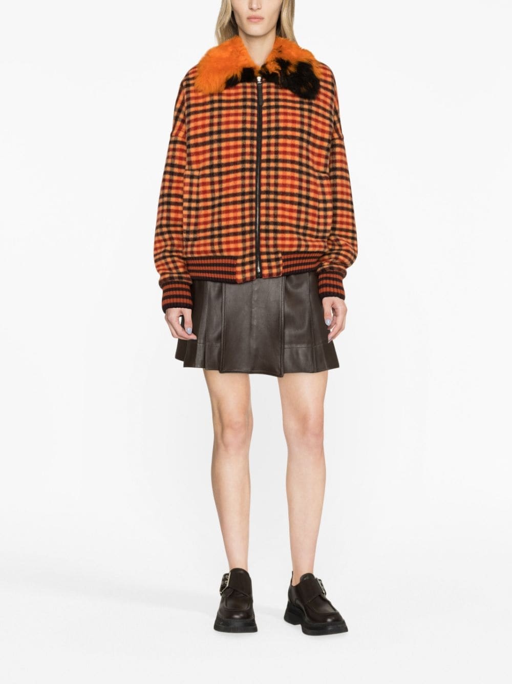 shearling-trim checked bomber jacket - 2