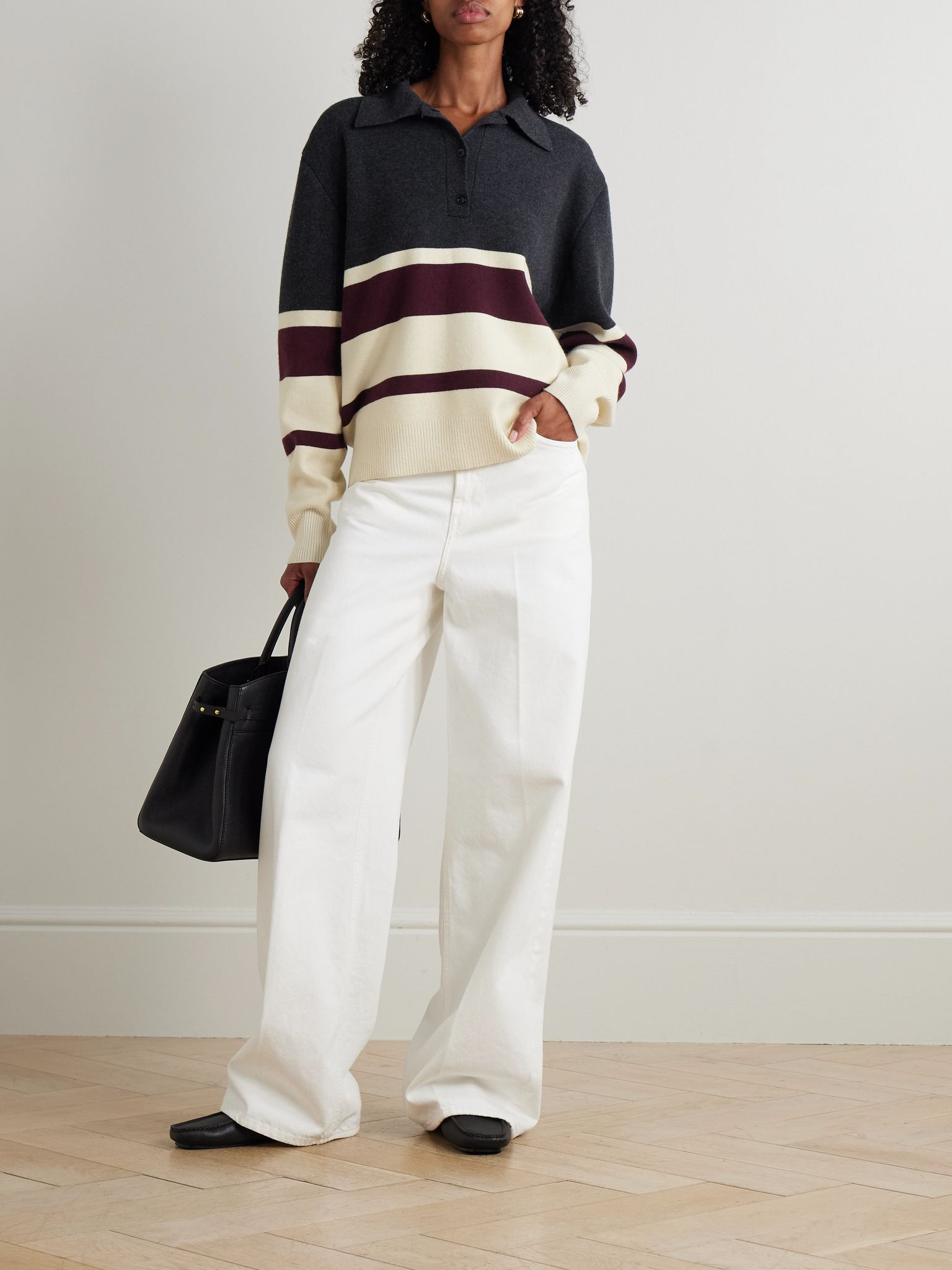 Oversized striped wool and cashmere-blend polo sweater Charcoal - 2