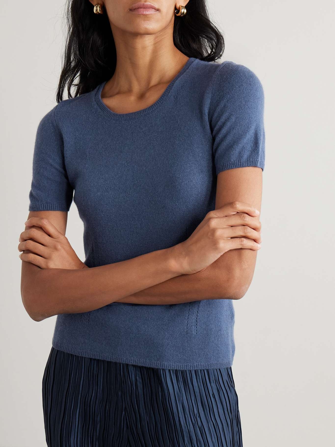 Pointelle-trimmed cashmere T-shirt Blue - 3