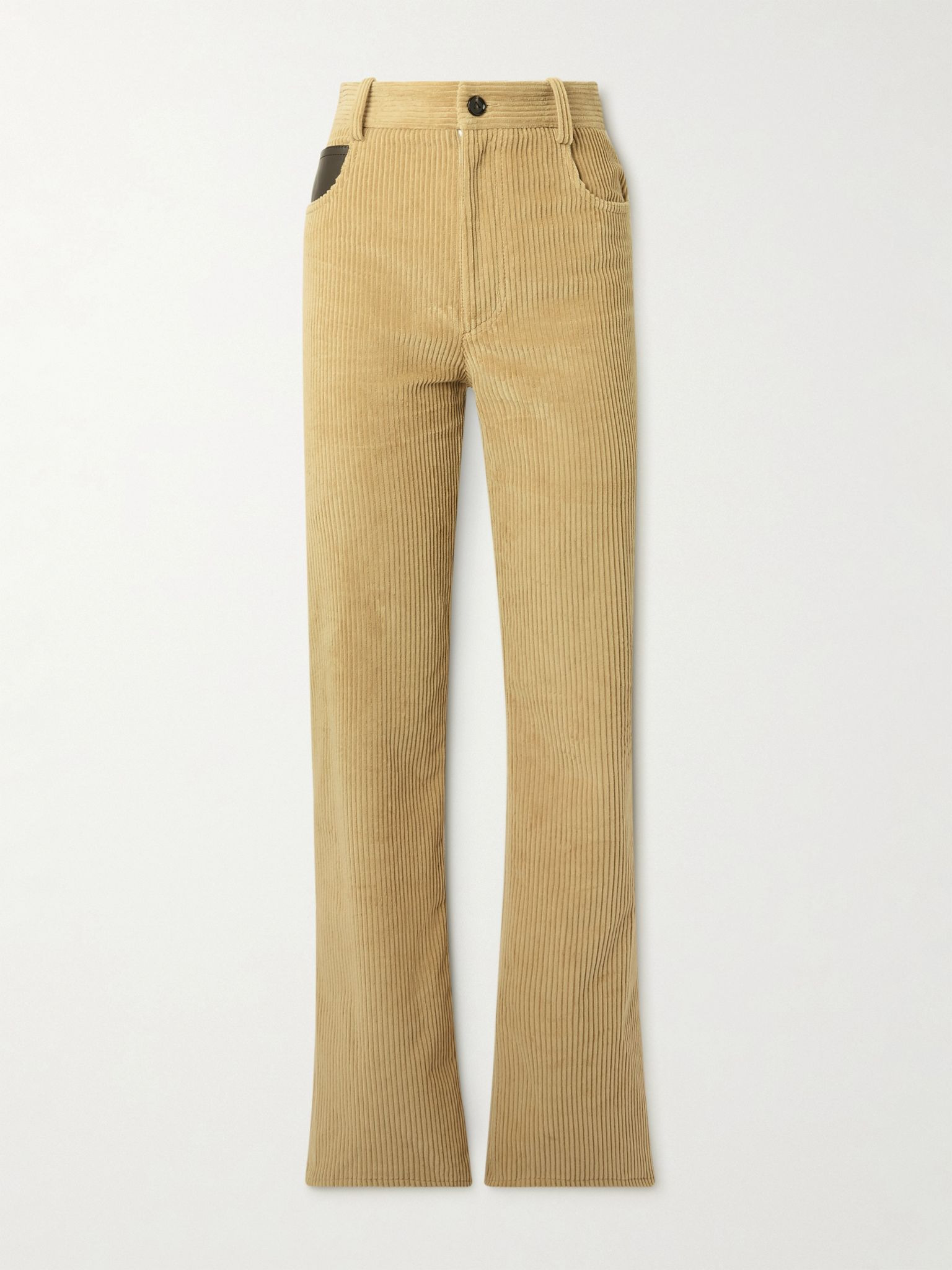 Leather-trimmed cotton-corduroy straight-leg pants Ecru - 1