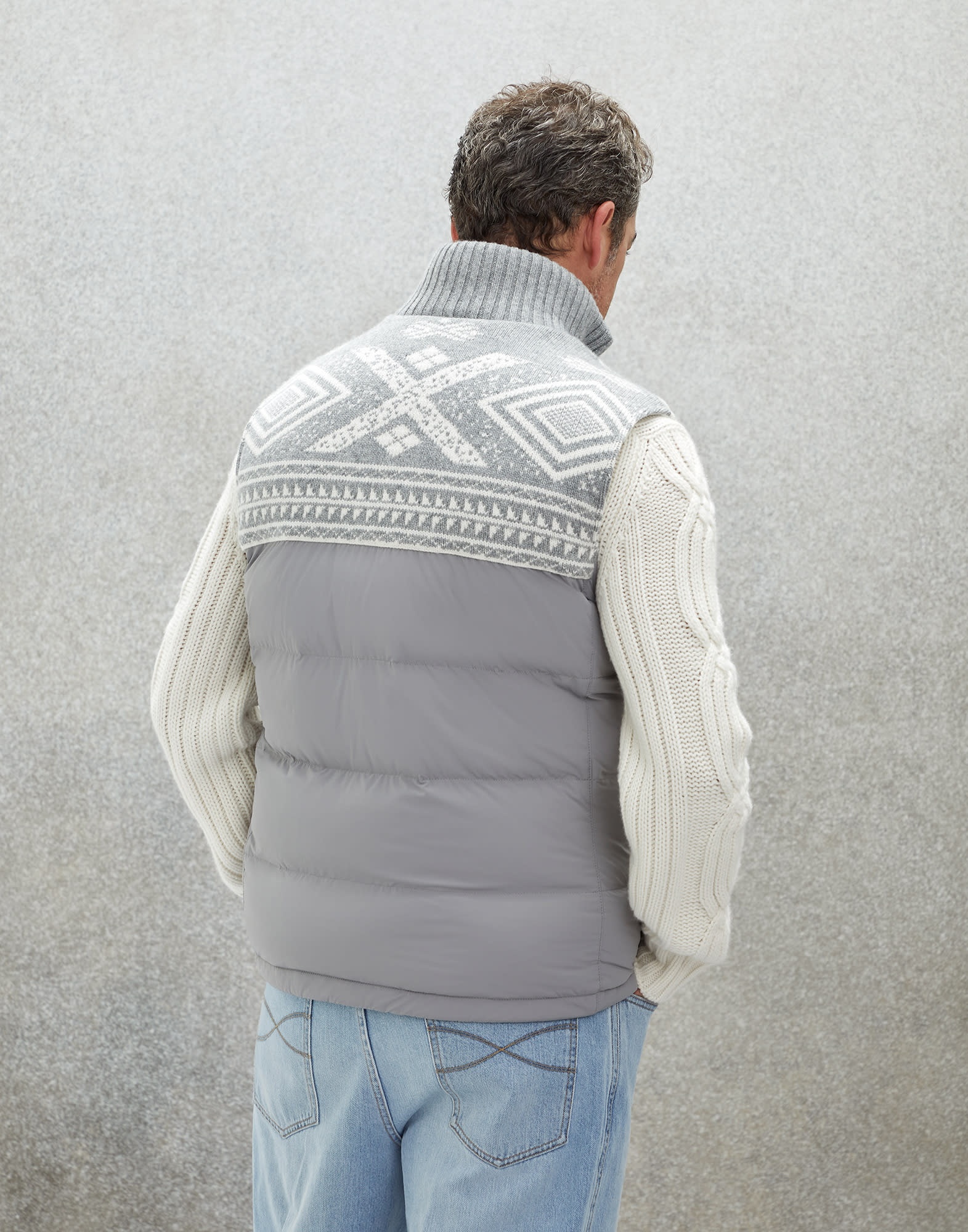 Bonded nylon paneled down vest with jacquard knit shoulders - 2