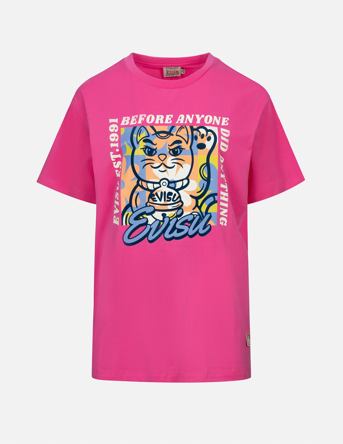 FORTUNE CAT FLOCKING WITH SLOGAN PRINT BOYFRIEND T-SHIRT - 1