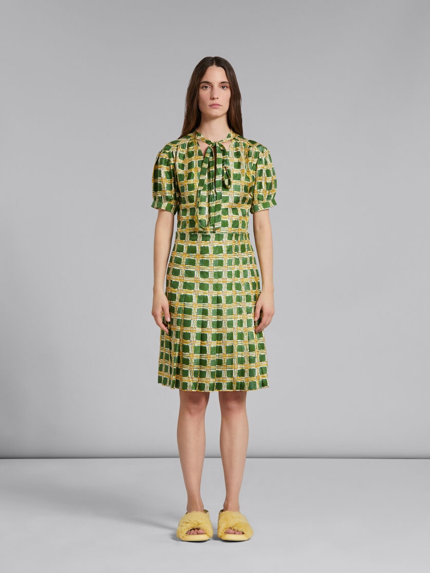 GREEN SILK TWILL SKIRT WITH  CHECK FIELDS PRINT - 2