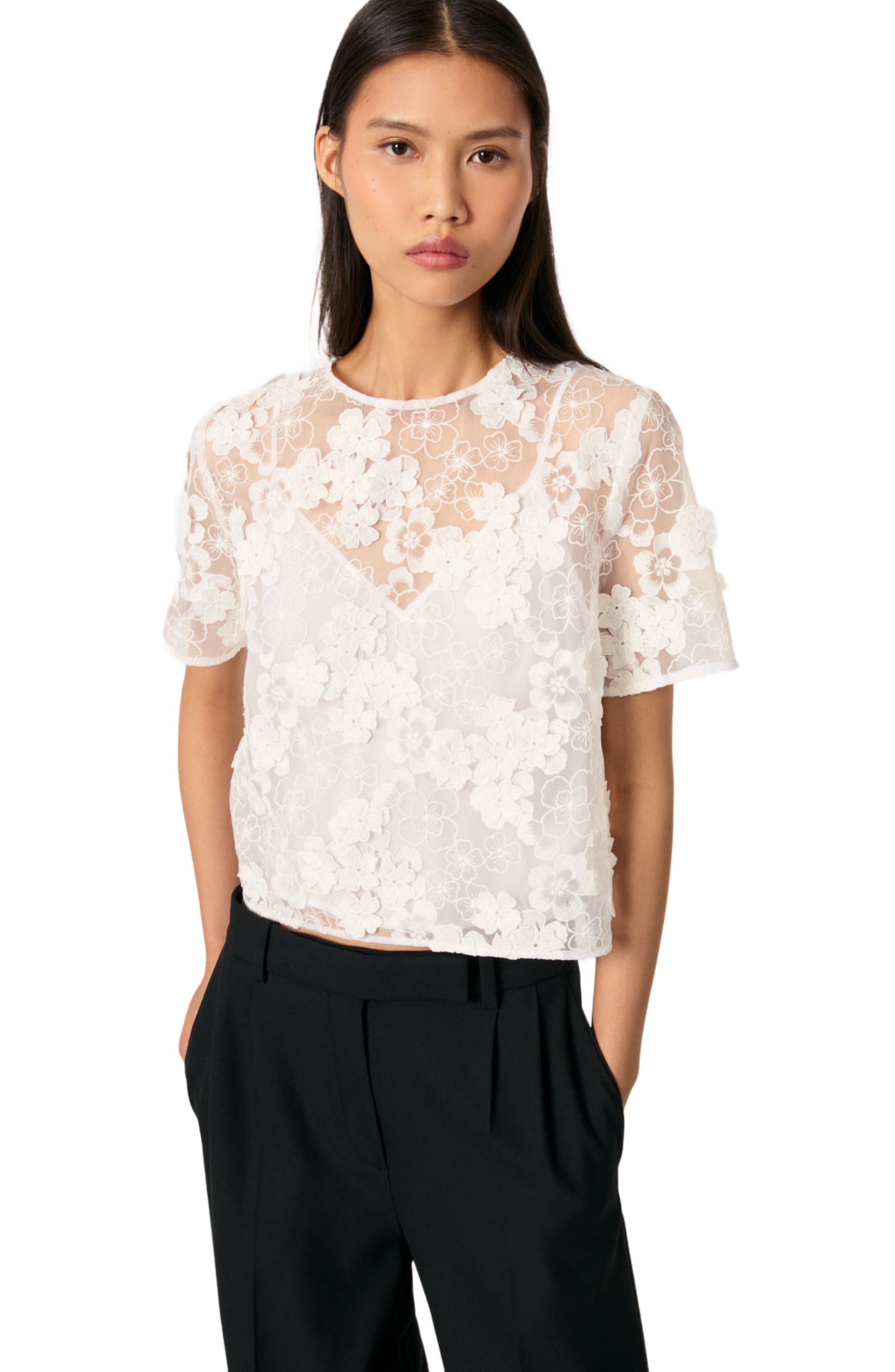 maje Embroidered short-sleeved top in White at Nordstrom - 7