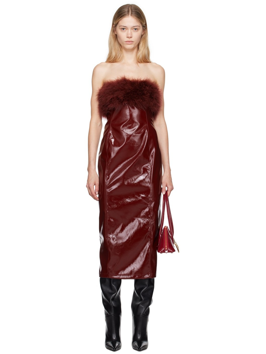 Burgundy Marabou Feather Faux-Leather Midi Dress - 1