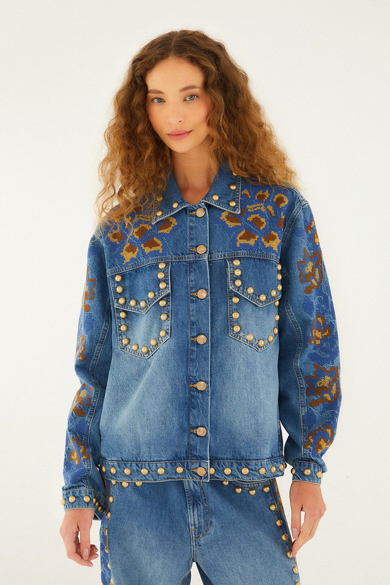 Denim Metal Details Embroidered Jacket 1