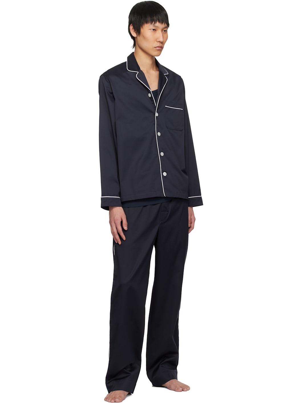 Navy Sateen Long Sleeve Pyjama Shirt - 4