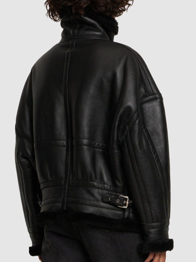 Leather biker jacket w/ buckle straps - 4