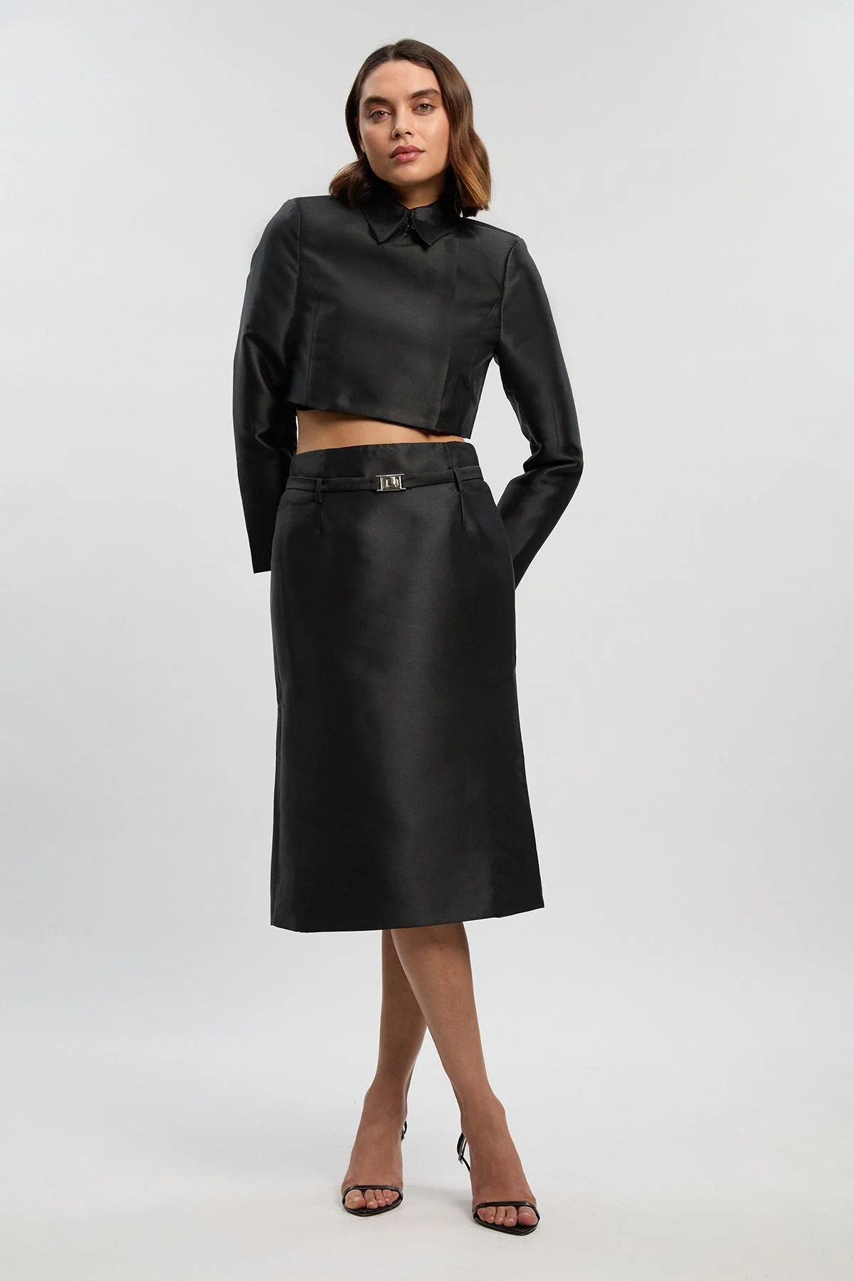 Petite Forever Satin Twill Belted Tailored Midi Skirt - 1