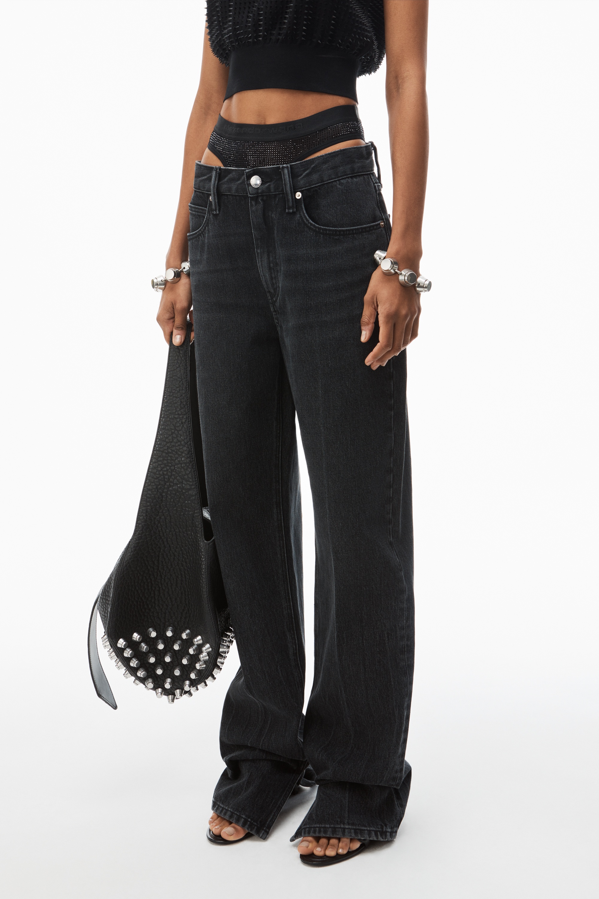 pre-styled straight-leg slit-hem jeans in cotton - 3
