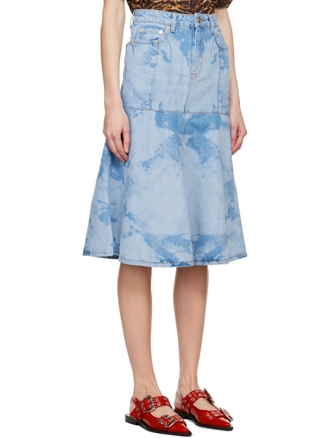Blue Flared Denim Midi Skirt - 2