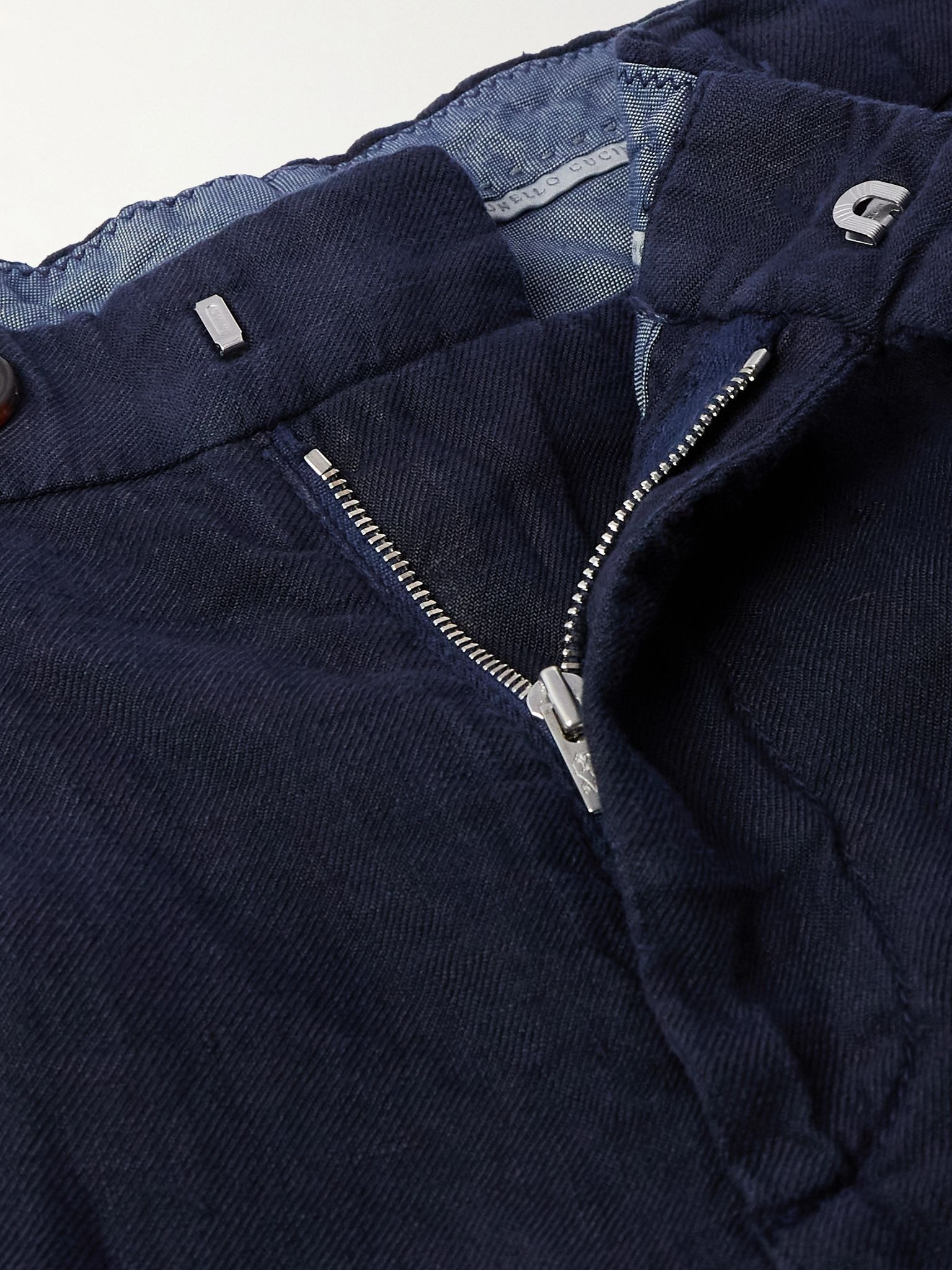 Tapered Pleated Linen-Twill Trousers Navy - 6