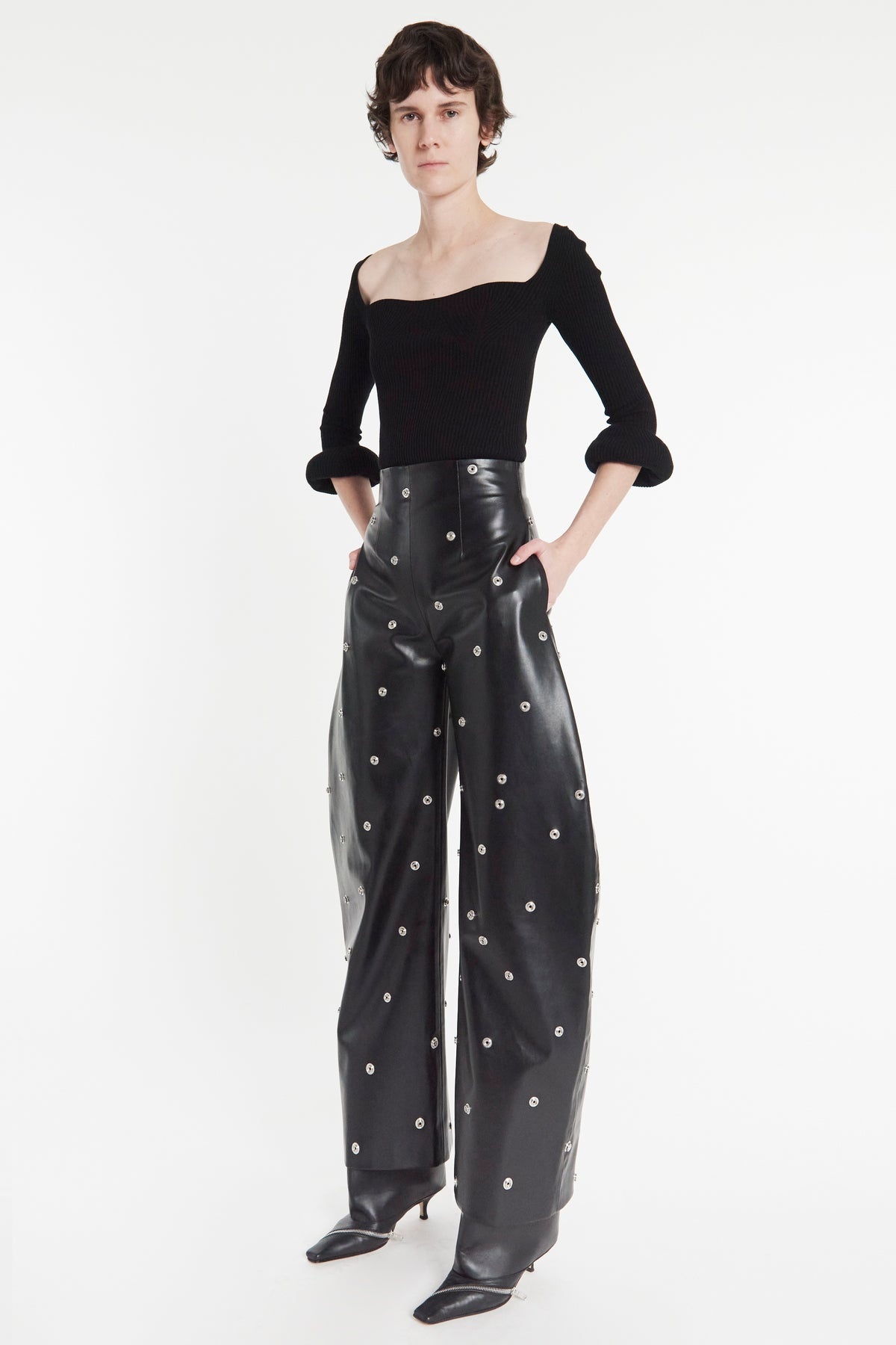 FAUX LEATHER STUD TROUSER WITH SNAP-ON POCKETS BLACK - 6