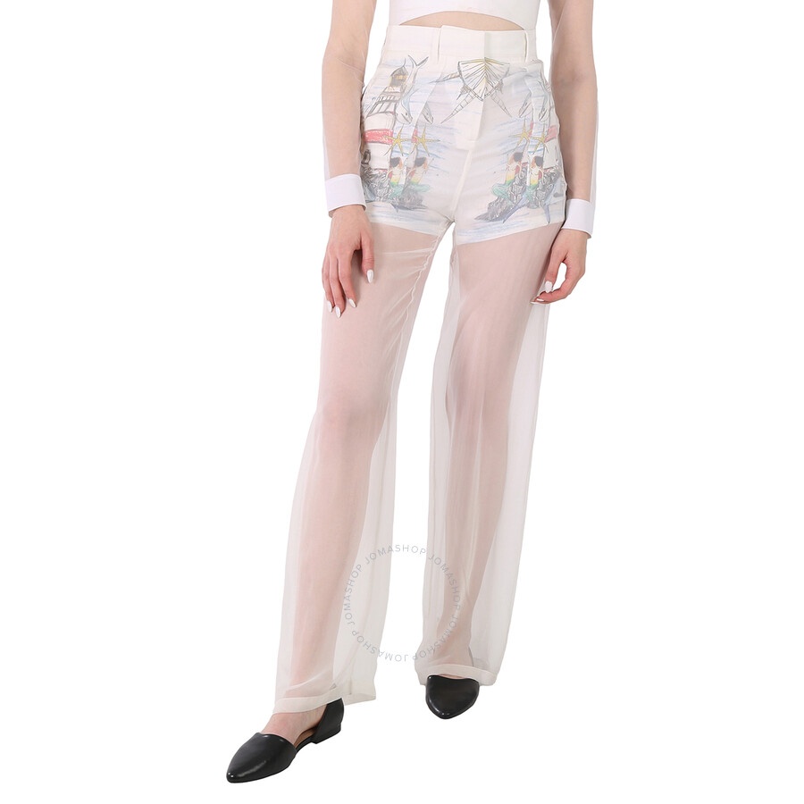 Burberry Ladies Chiffon Overlay Marine Sketch Print Silk Shorts - 3
