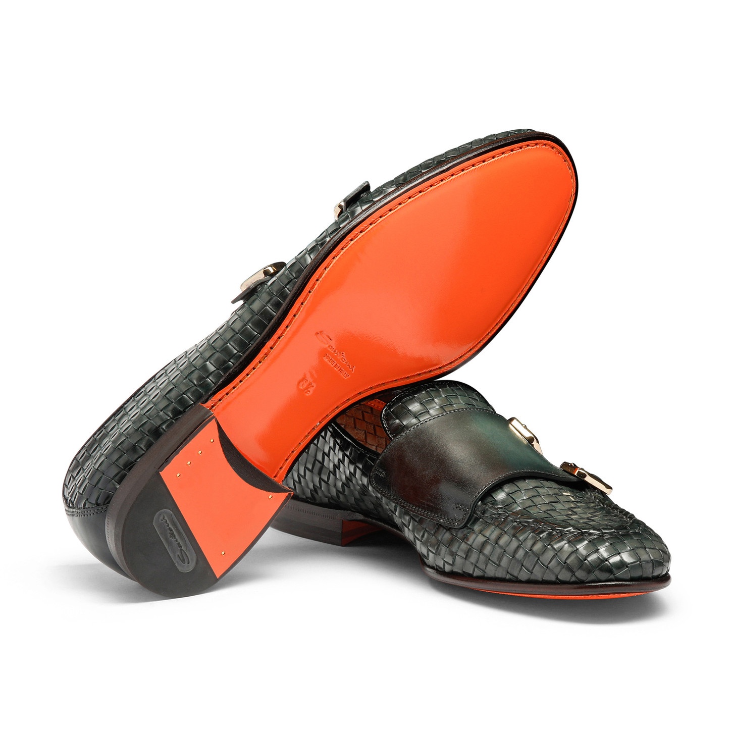 Men's green woven leather double-buckle loafer - 4