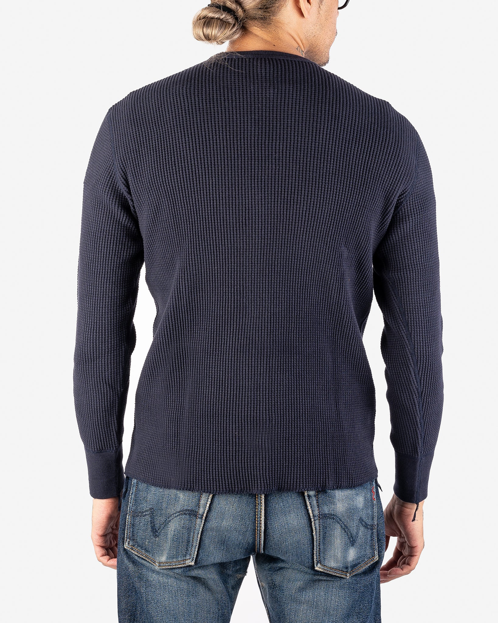 IHTL-1301-NAV Waffle Knit Long Sleeved Crew Neck Thermal Top - Navy - 3