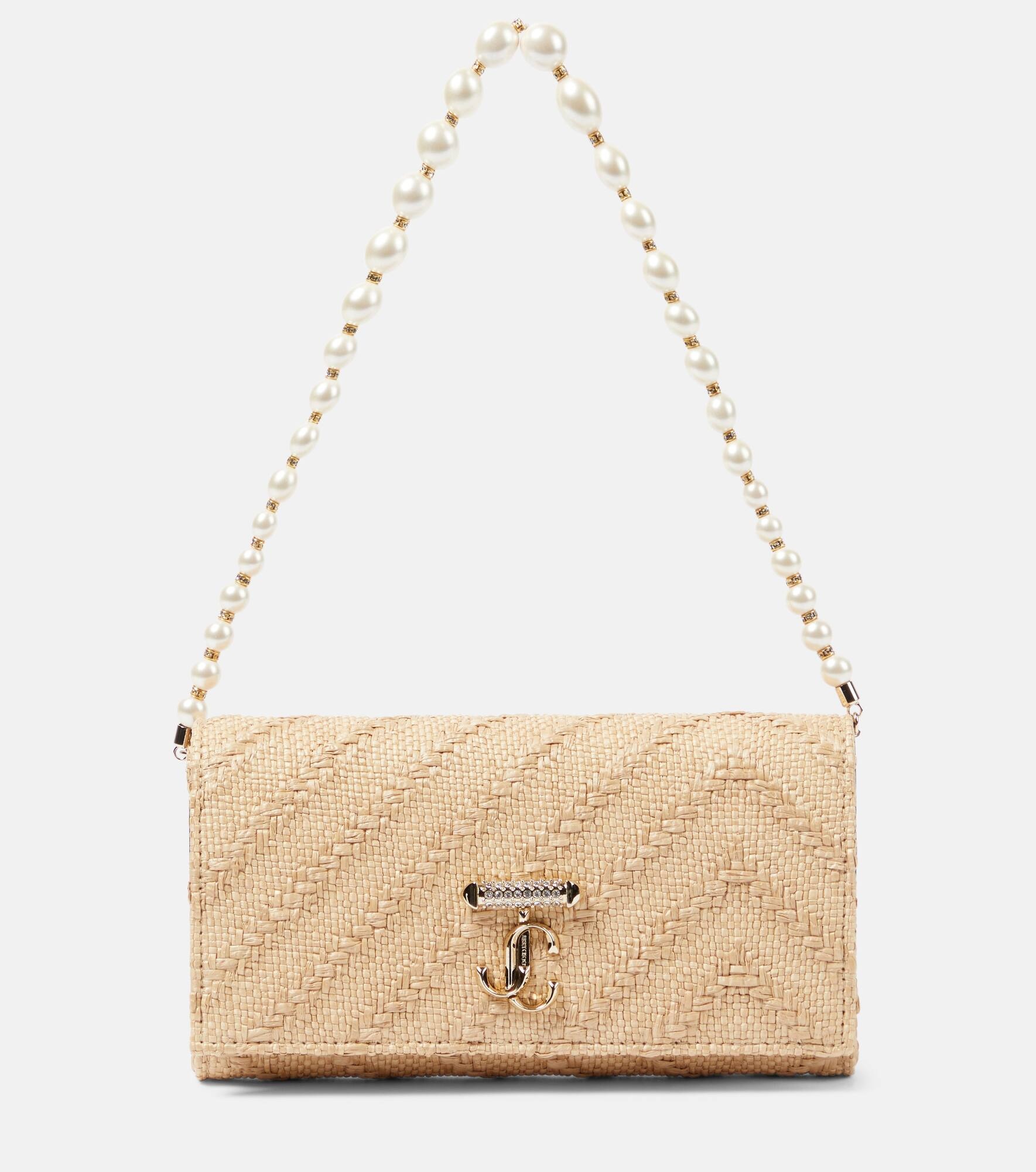 Avenue pearl-trimmed raffia wallet on chain - 1