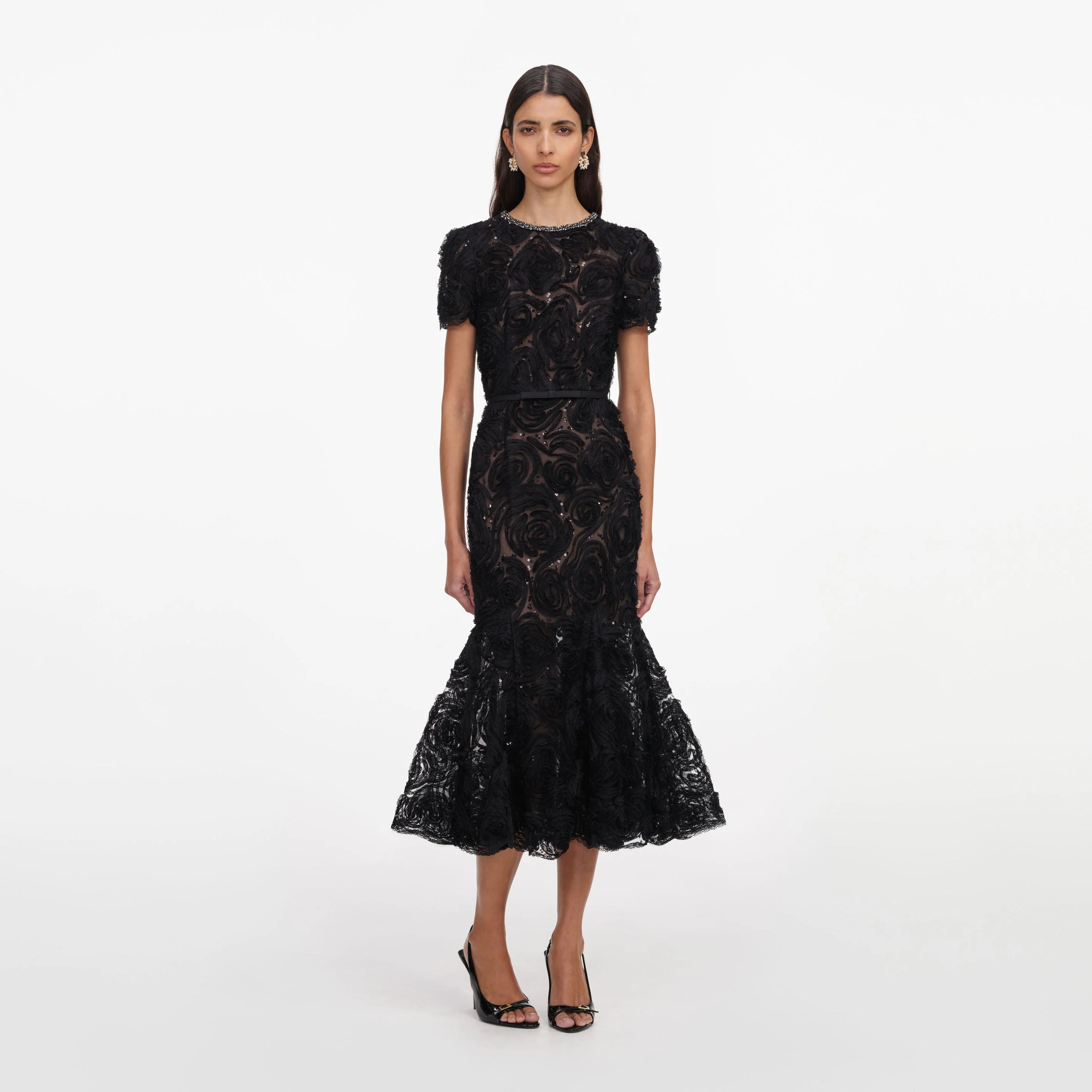 Black Tulle Lace Sequin Midi Dress - 1