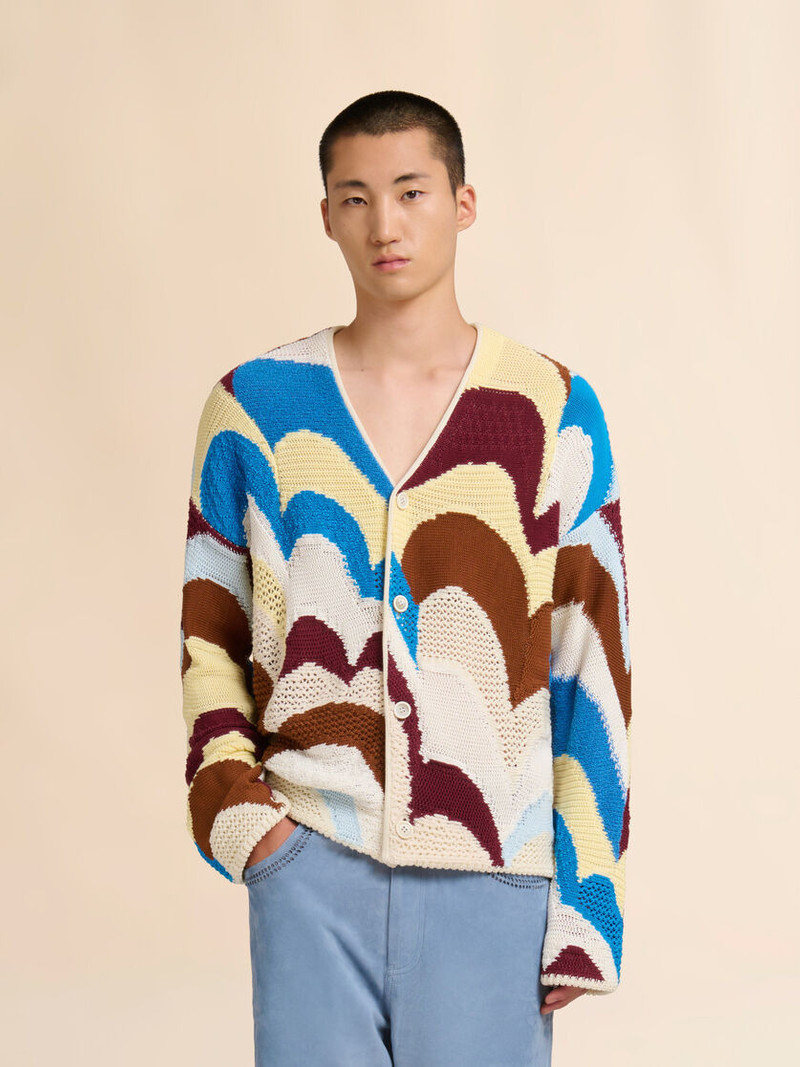 Marni BURGUNDY AND BLUE COTTON CROCHET-EFFECT CARDIGAN outlook