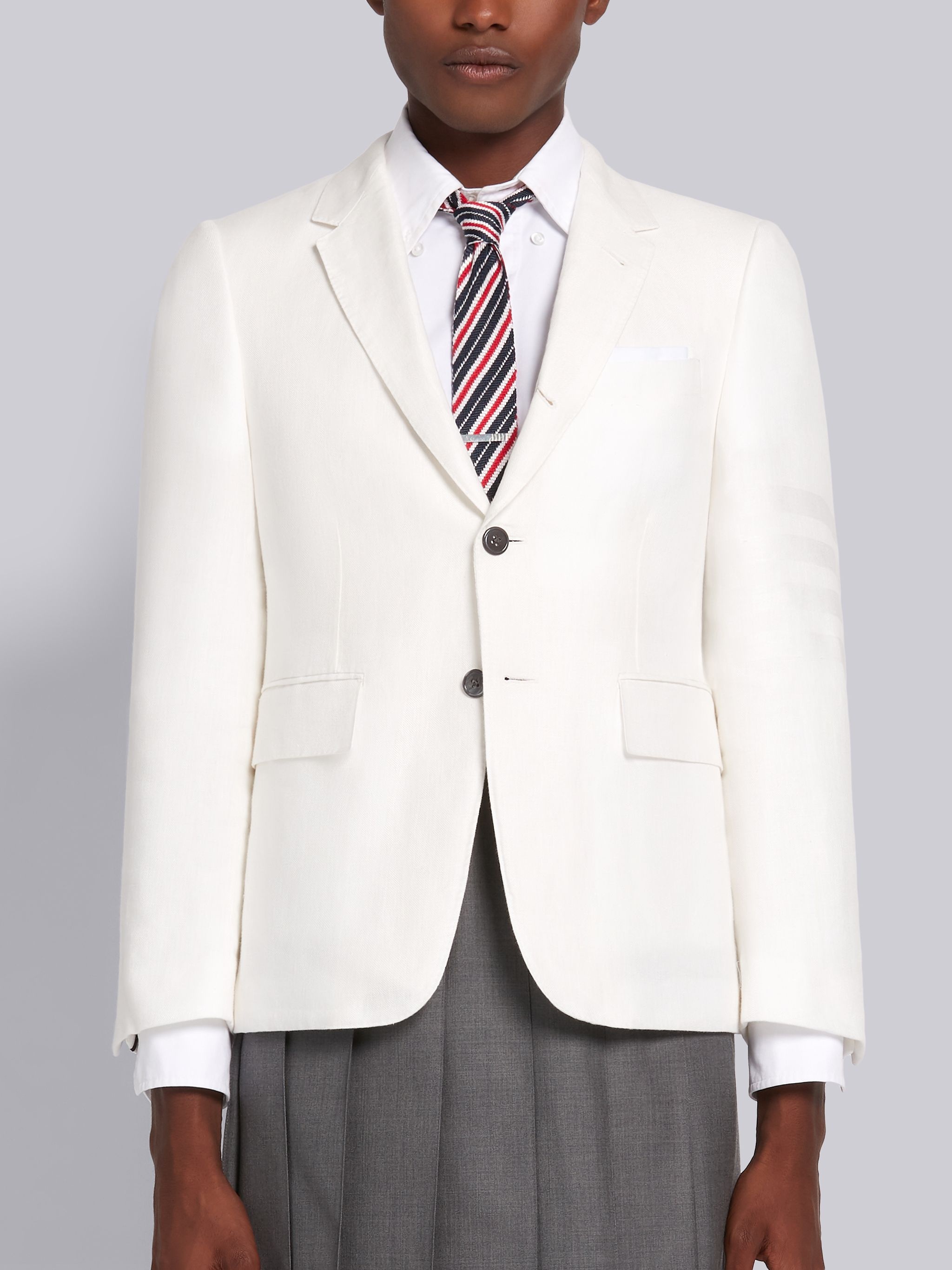 White Crisp Linen Tonal 4-Bar Classic Jacket - 1