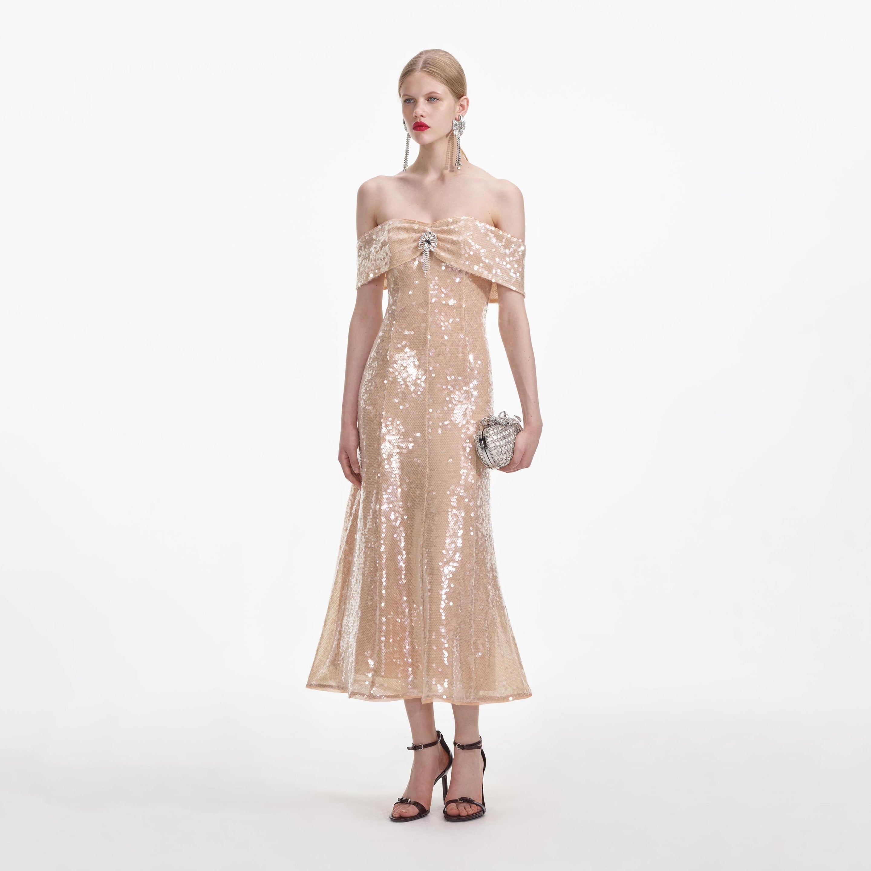 Gold Sequin Off Shoulder Midi Dress - 2