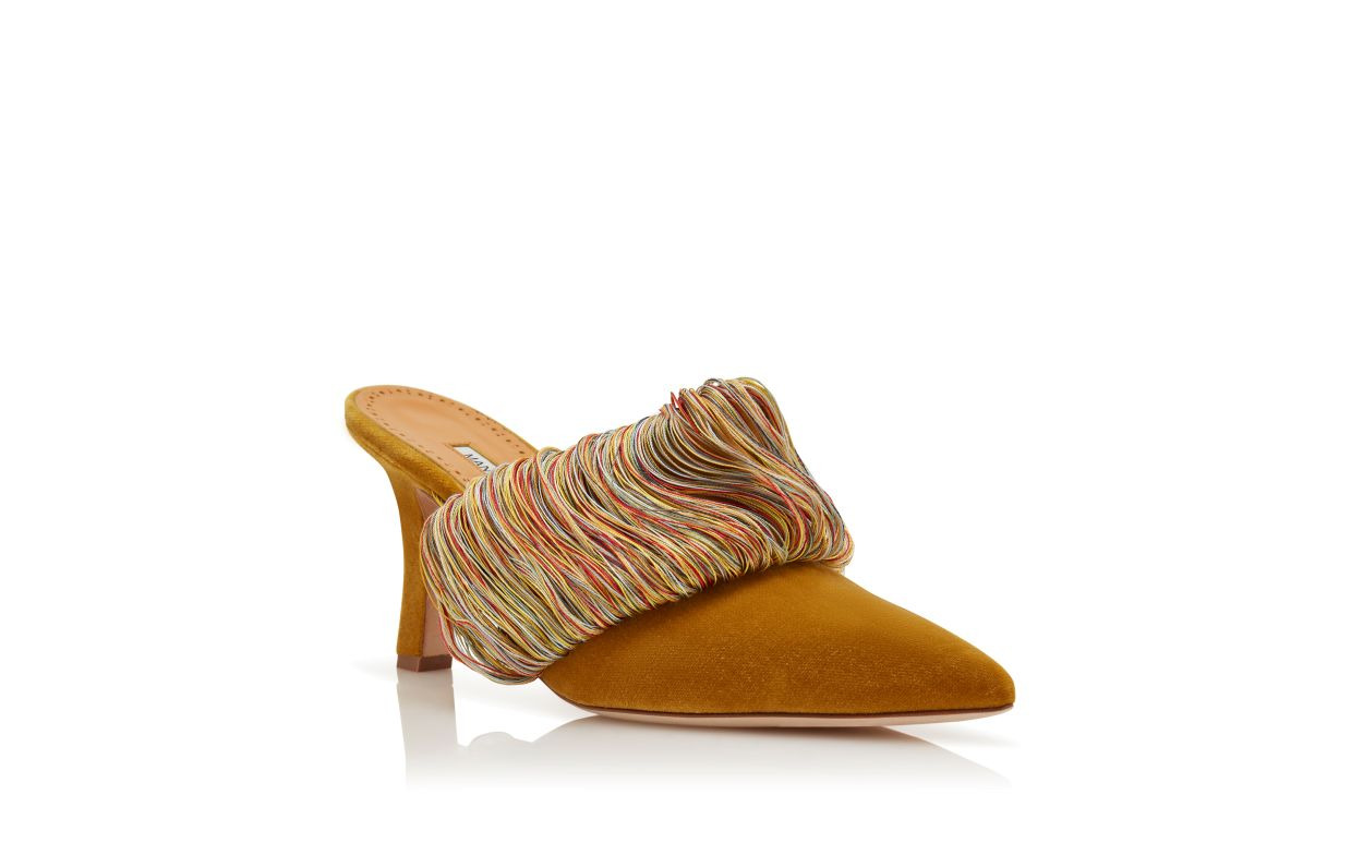 Gold Velvet Fringe Detail Mules - 3