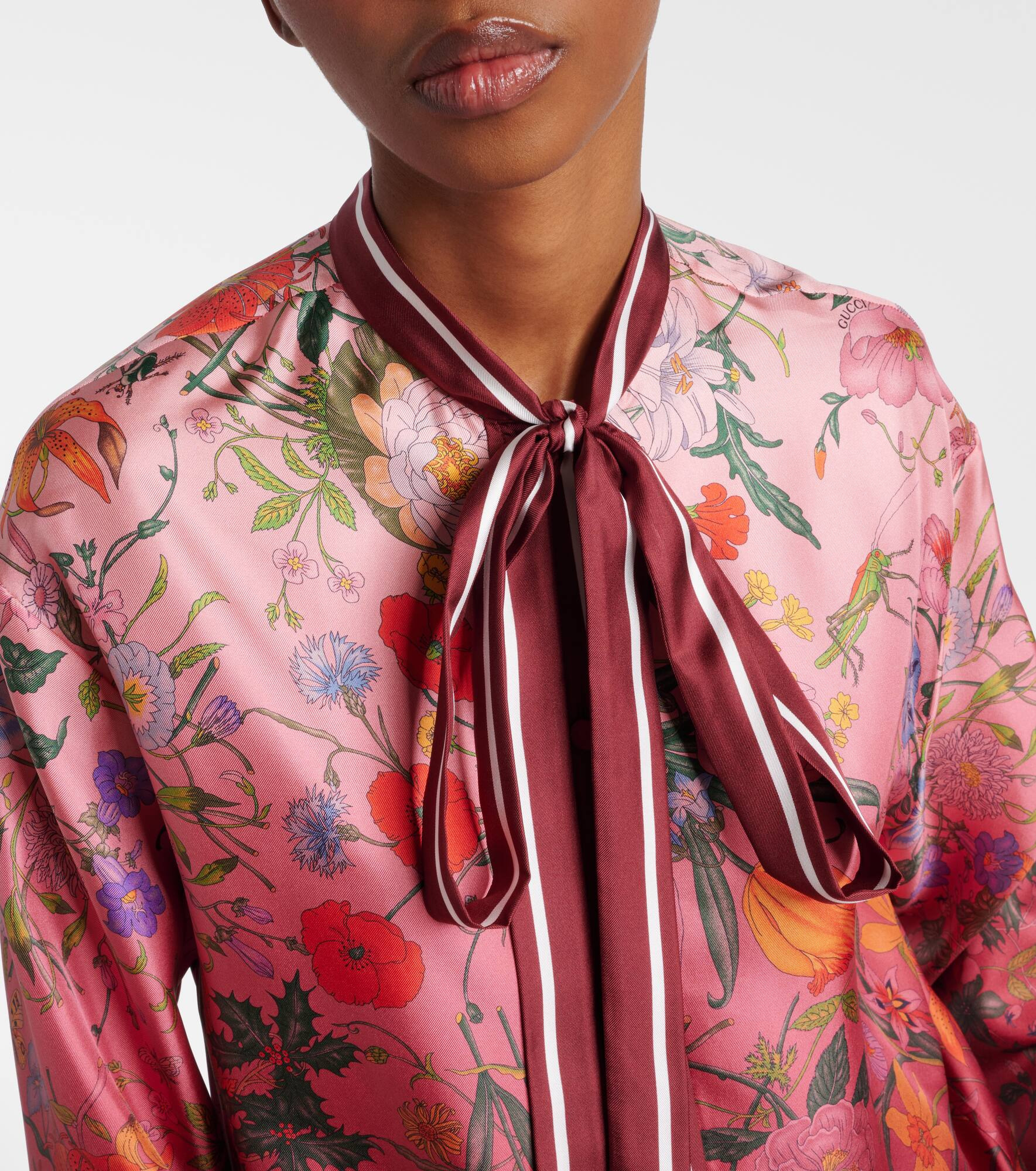 Floral tie-neck silk shirt - 4