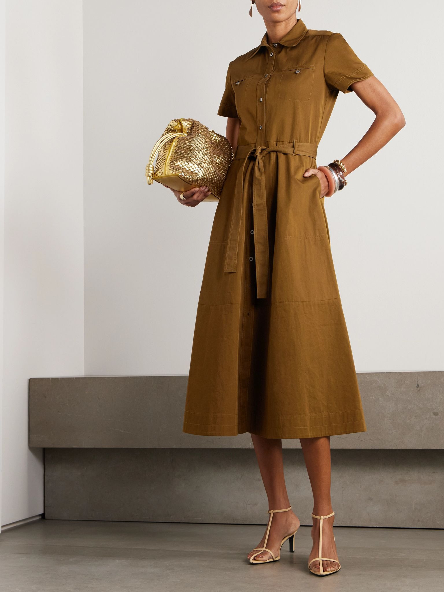 Giselle belted cotton-drill midi shirt dress Brown - 2