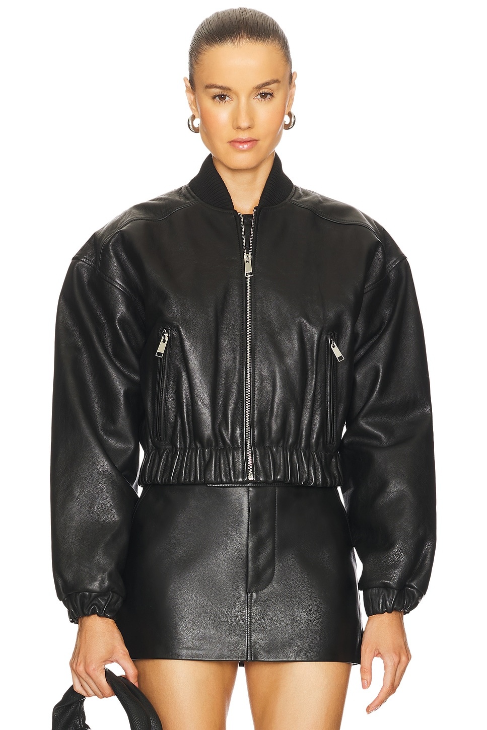 Cropped Leather Bomber Jacket - 2