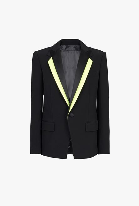 Black satin blazer with neon yellow collar - 1