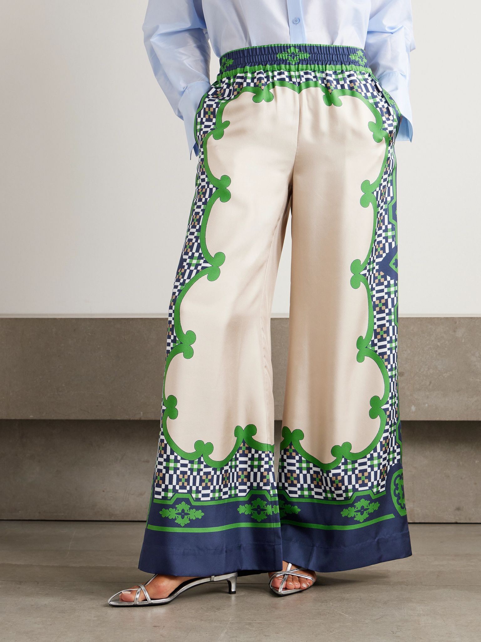 Icon printed silk-twill wide-leg pants Cream - 3