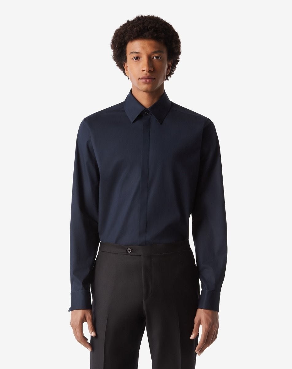 Navy blue cotton poplin evening shirt - 2
