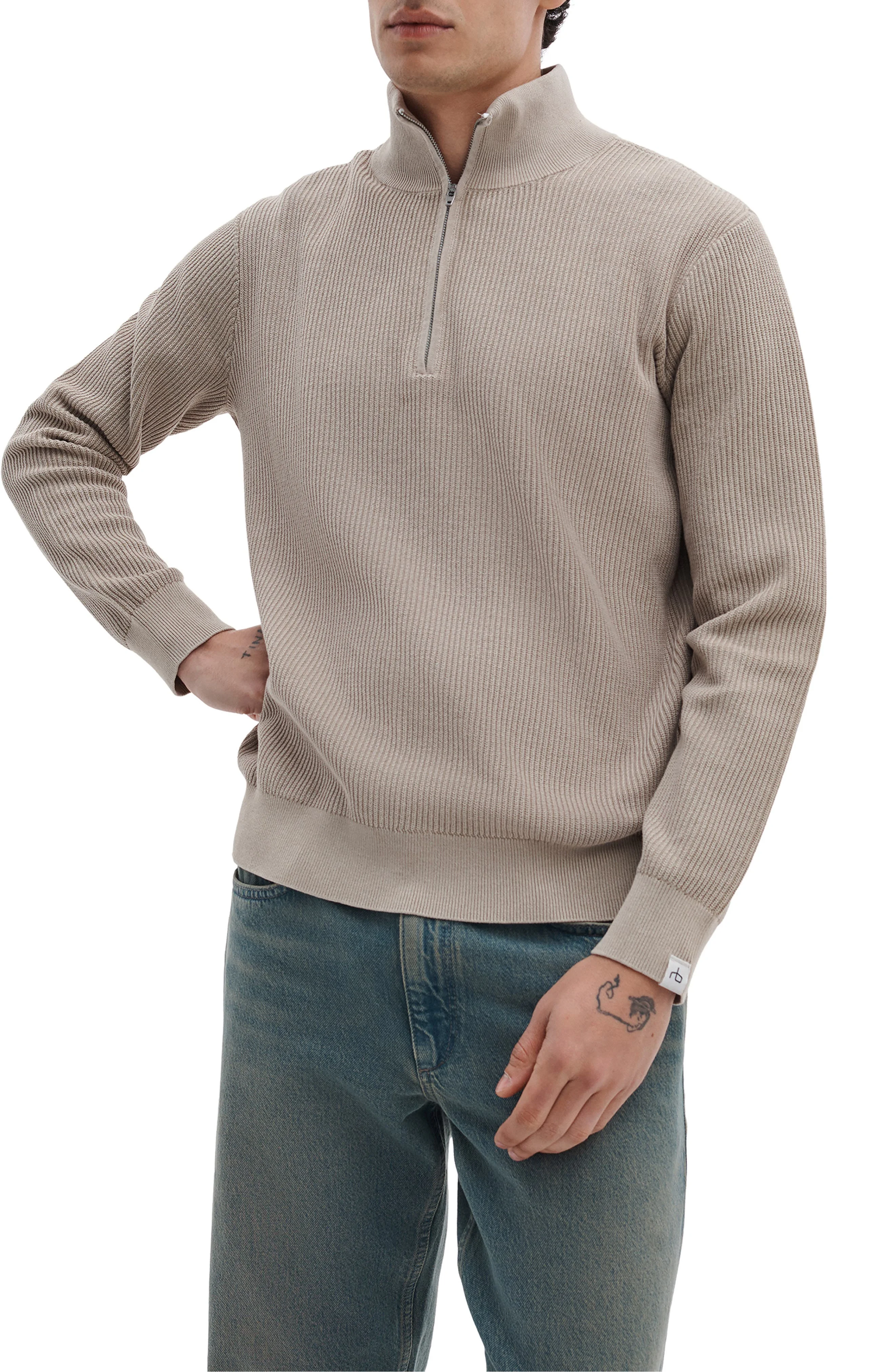 rag & bone Caden Washed Cotton Blend Quarter Zip Sweater in Taupe at Nordstrom - 1