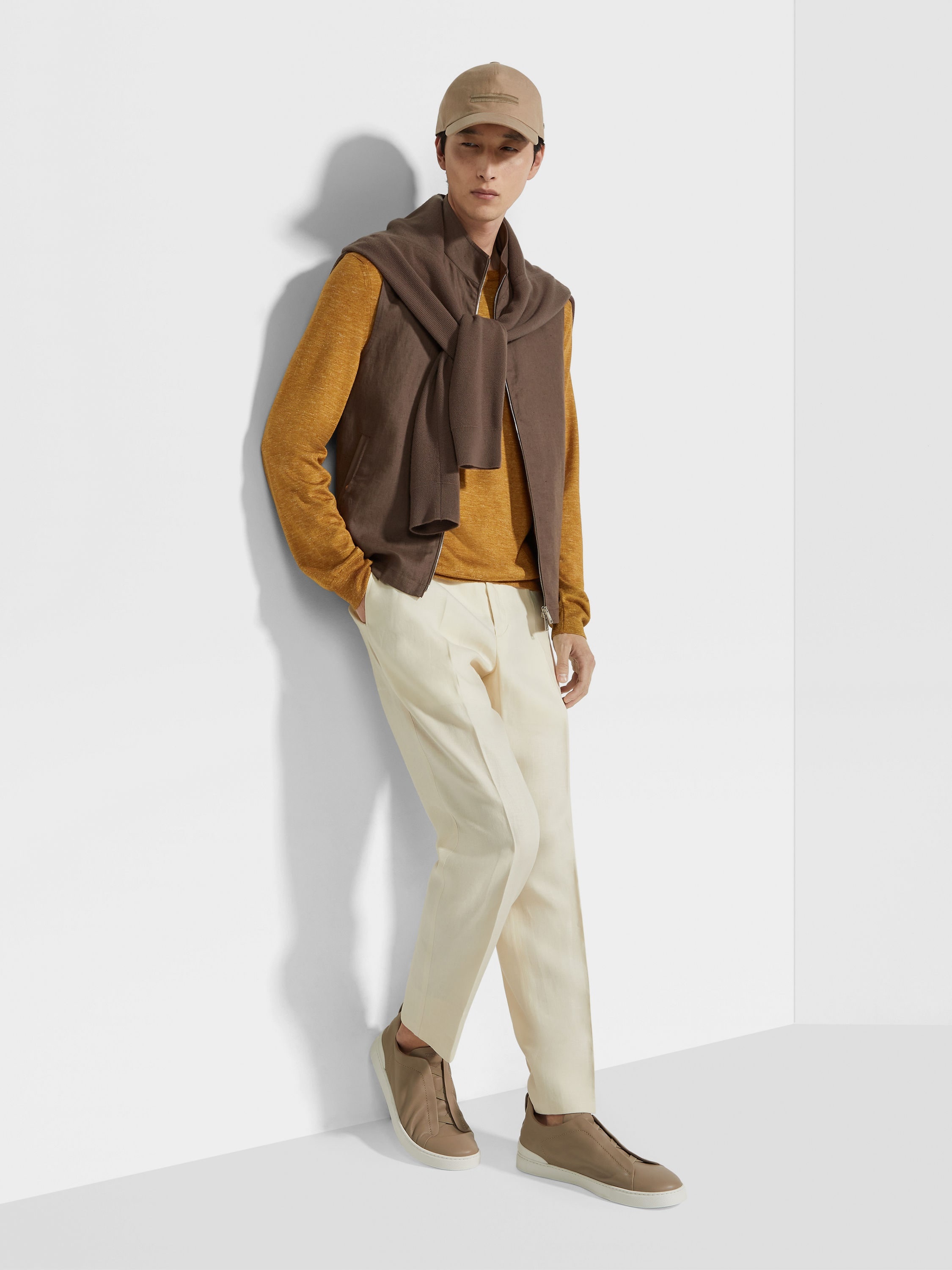 OCHRE MÉLANGE SILK CASHMERE AND LINEN CREWNECK - 3