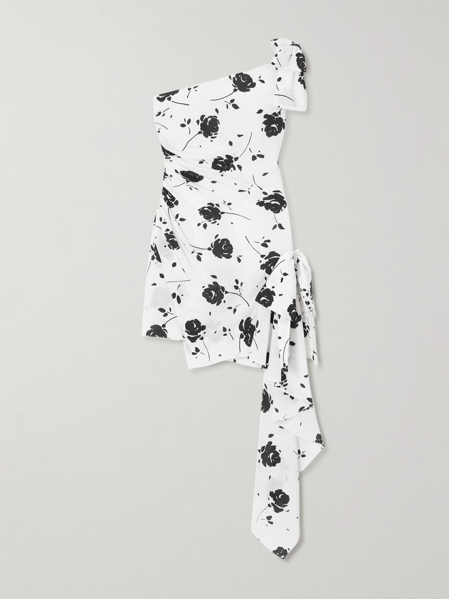 One-shoulder bow-detailed gathered floral-print silk mini dress White - 1