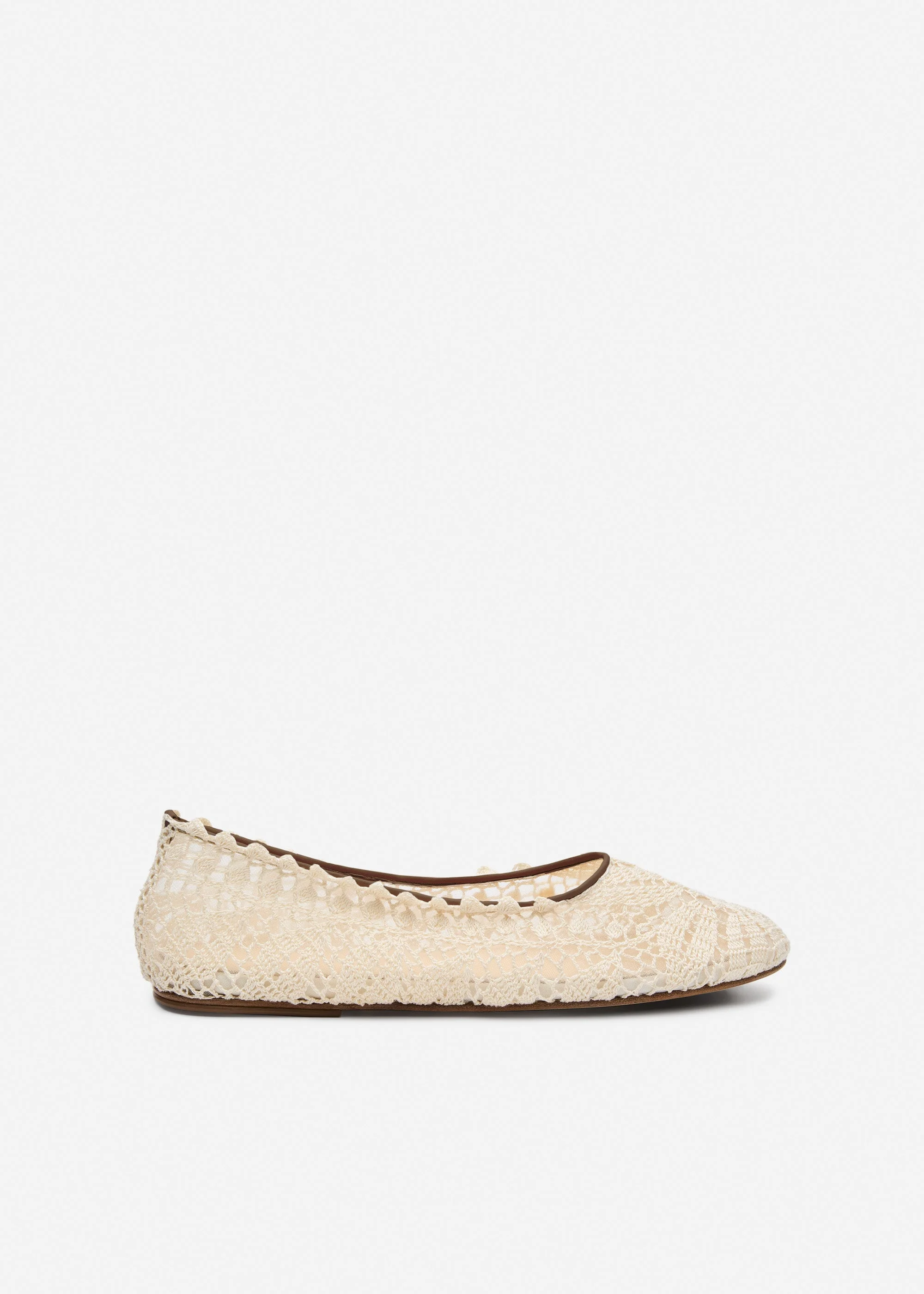 Crochet ballet flats with leather trim in cream - 1
