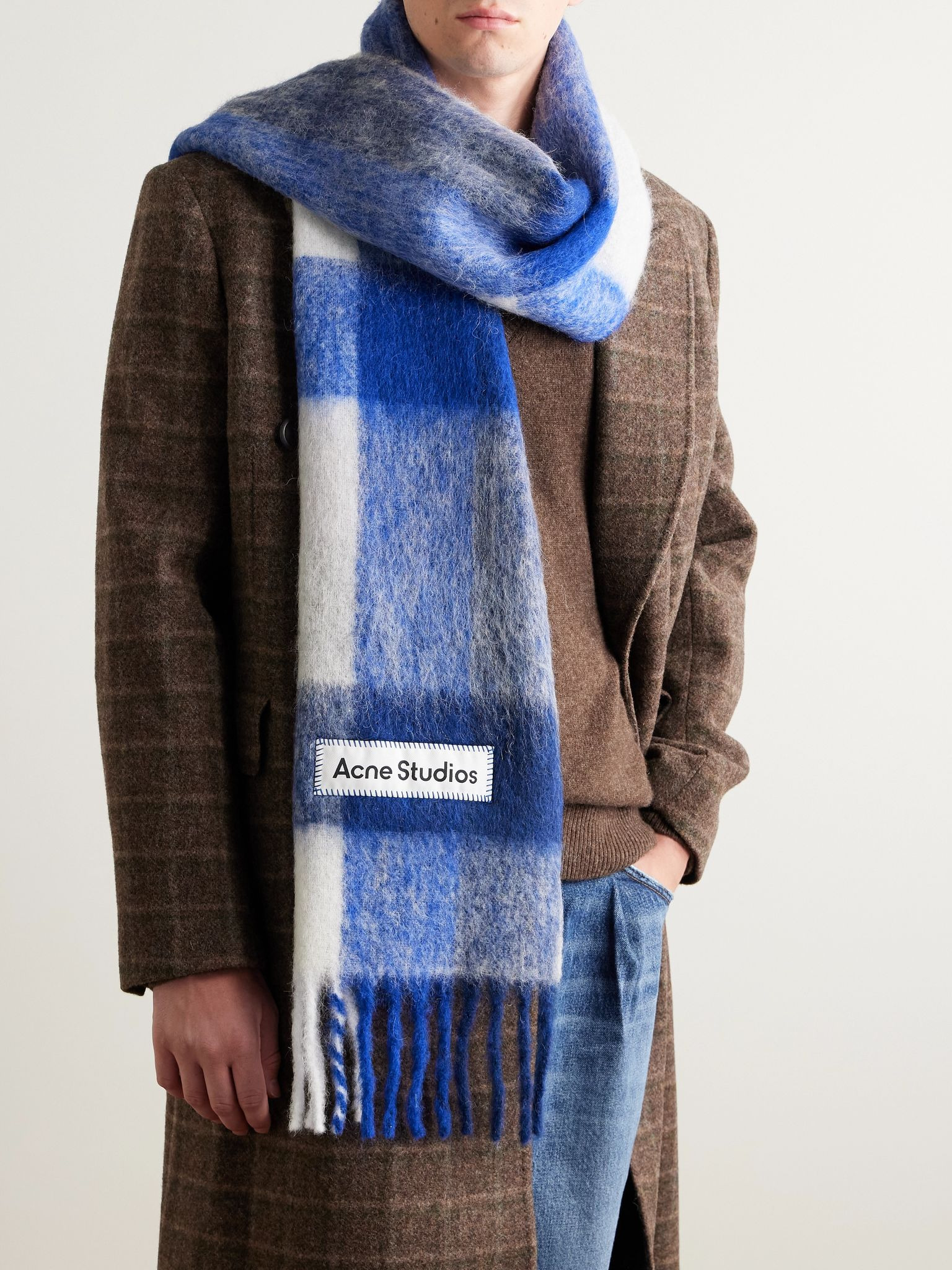 Vally Fringed Checked Knitted Scarf Blue - 2