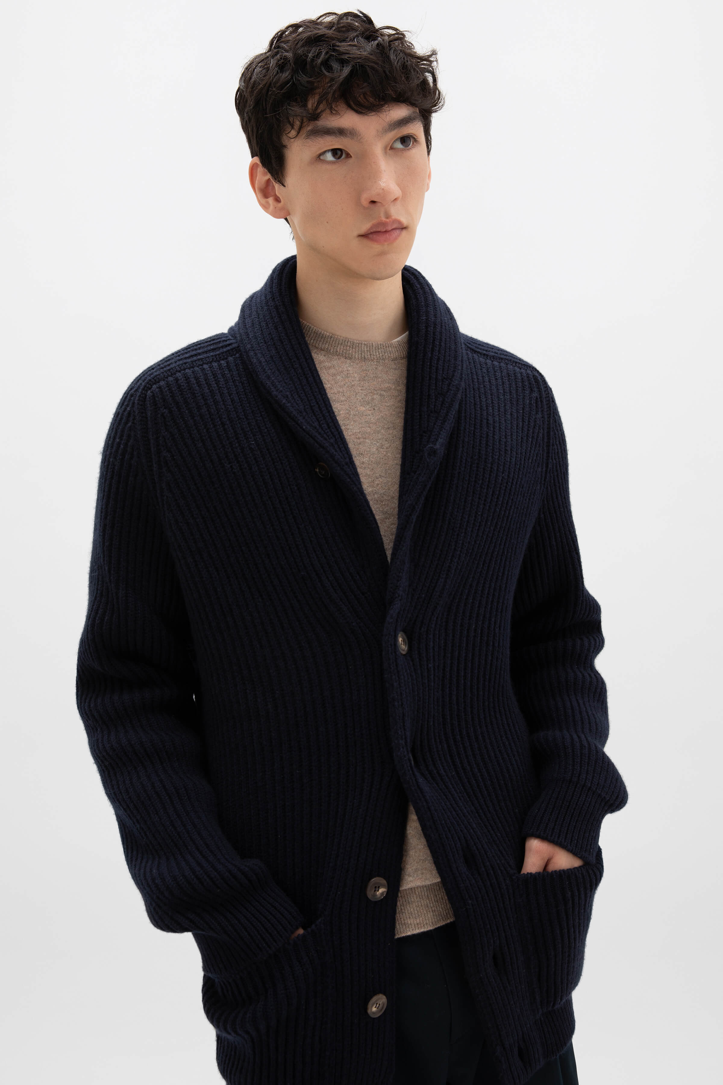 Shawl Collar Navy Cashmere Cardigan - 2