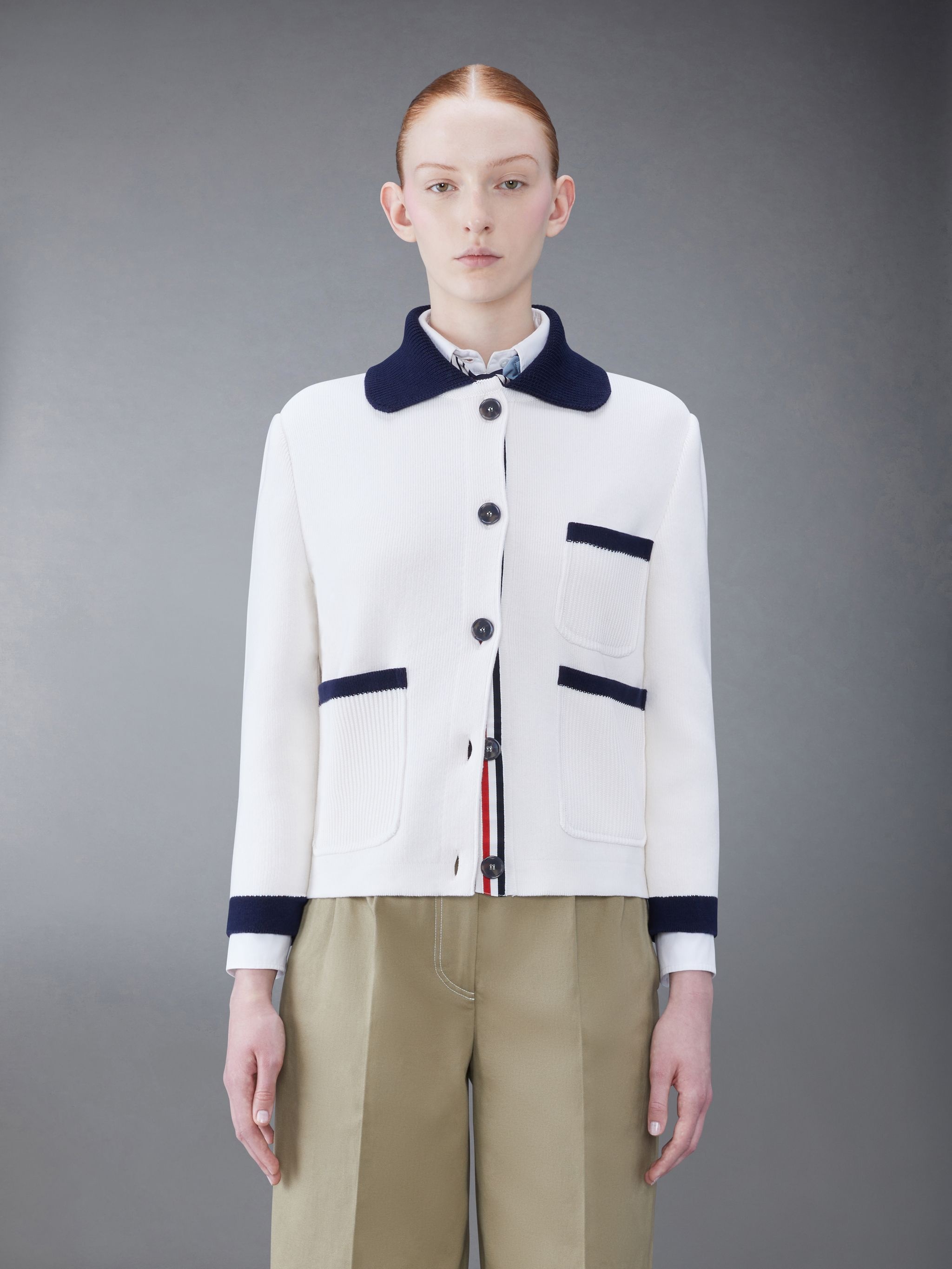 Thom Browne colourblock-trims knitted cardigan - White