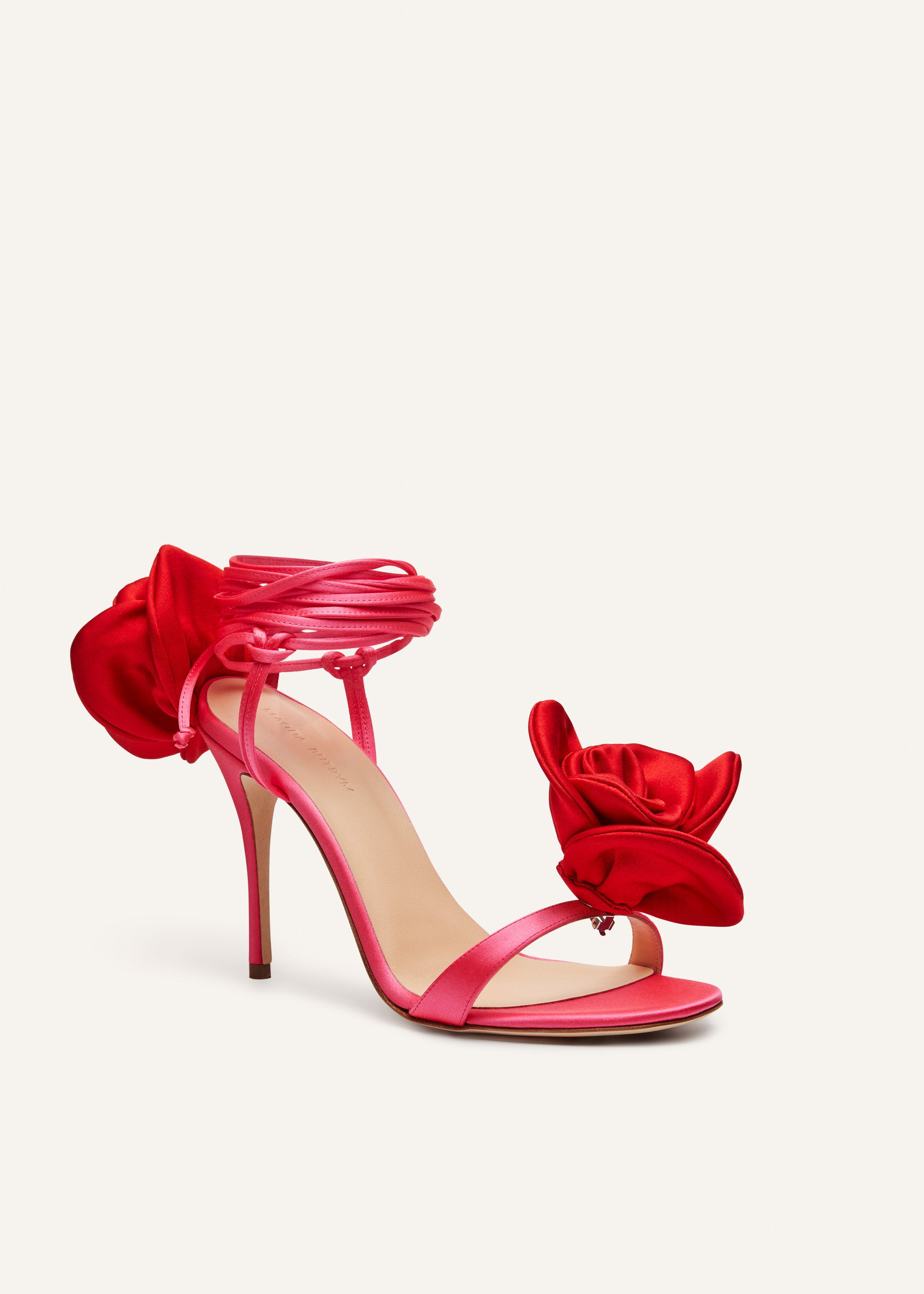 Double red flower heel sandals in fuchsia satin - 2