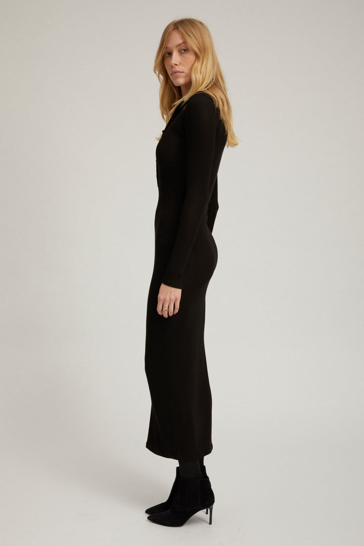 BLACK RIB LONG SLEEVE POLO MAXI DRESS - 3