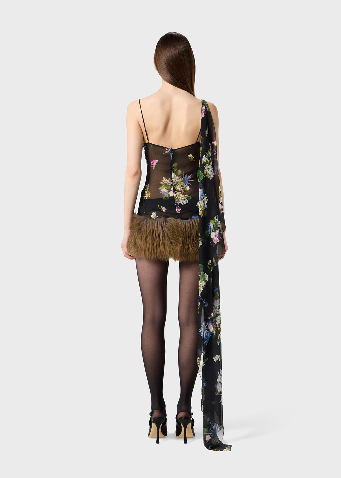 PRINTED CHIFFON DRESS WITH FUR LINING - 4