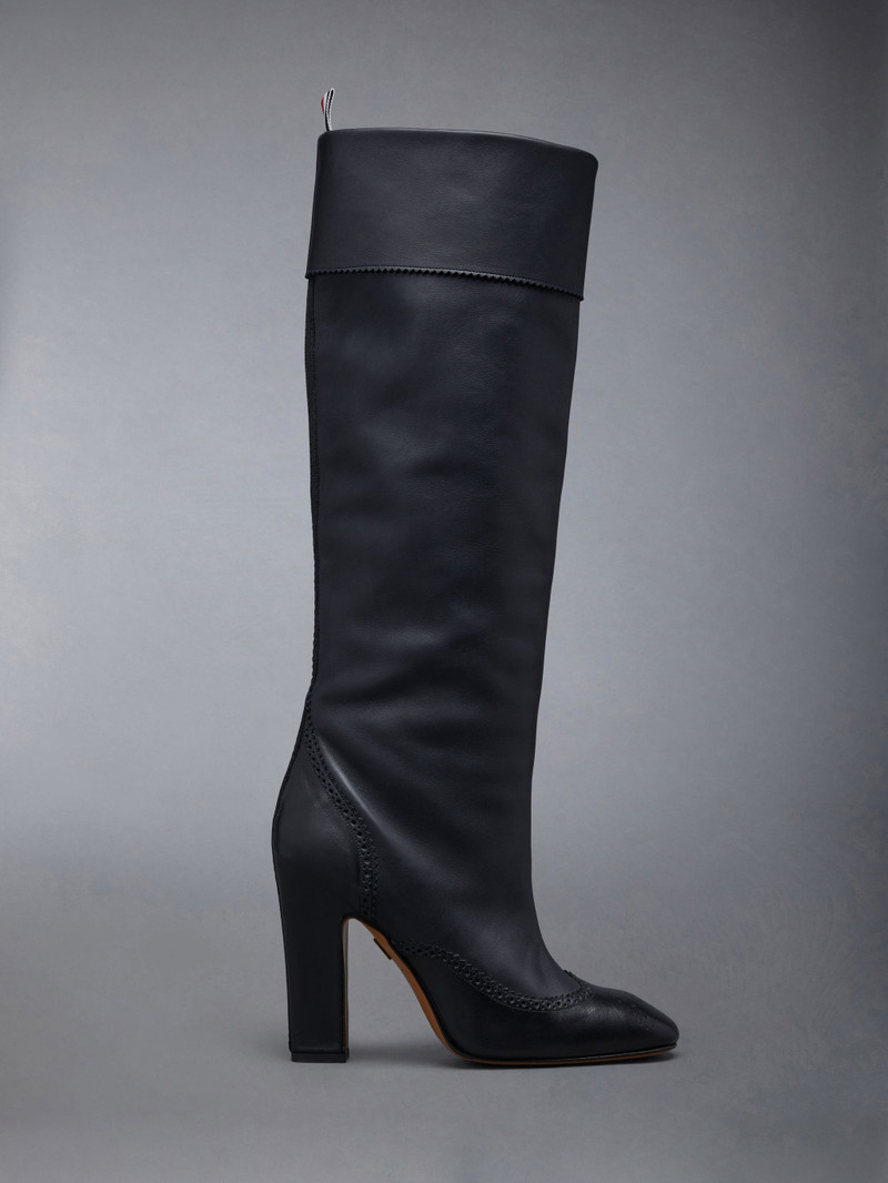Calf Leather 105mm Block Heel Brogued Knee High Boot 1