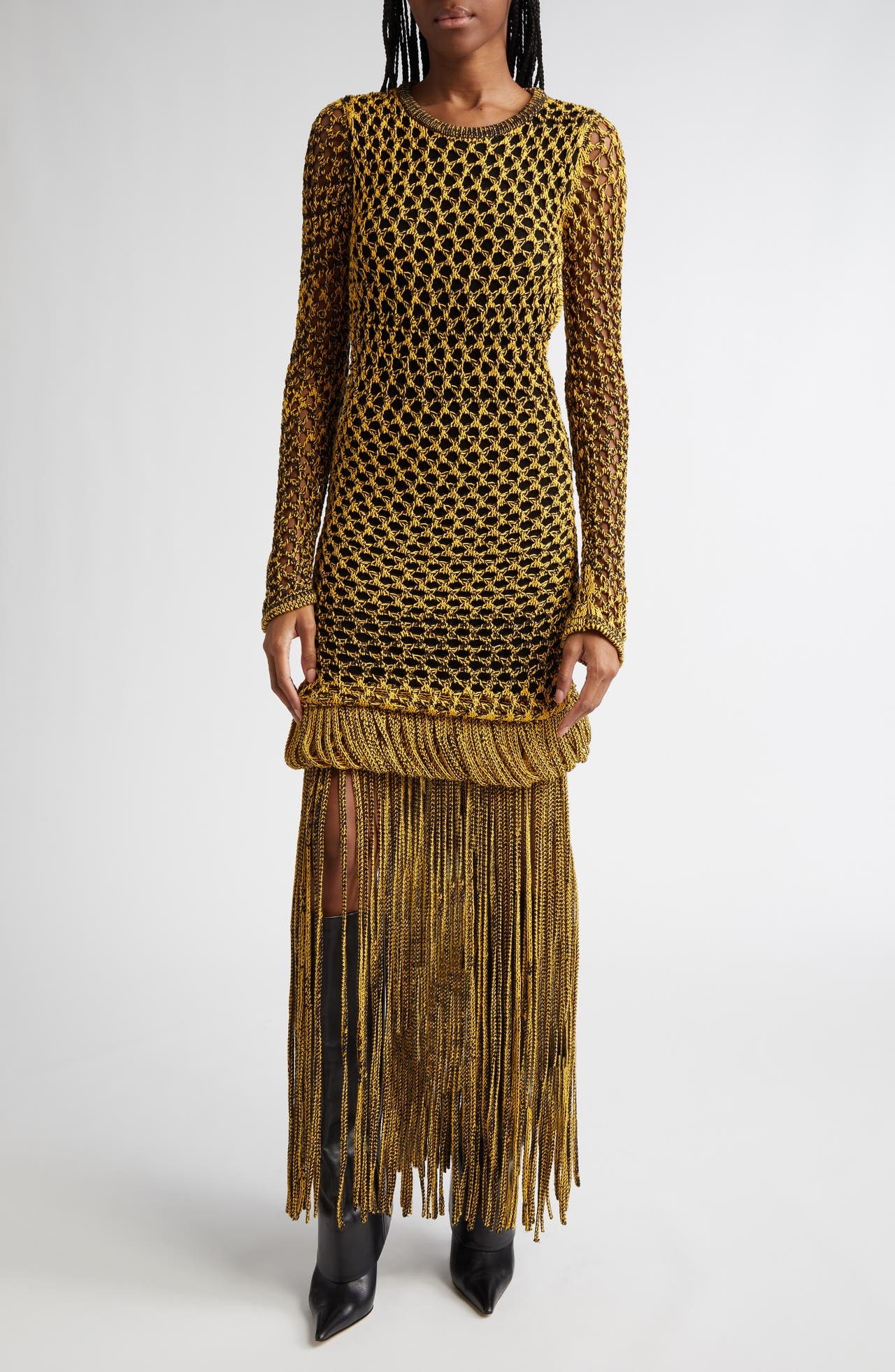 Diotima Medusa Long Sleeve Loop & Fringe Crochet Sweater Dress in Black-Yellow at Nordstrom - 1