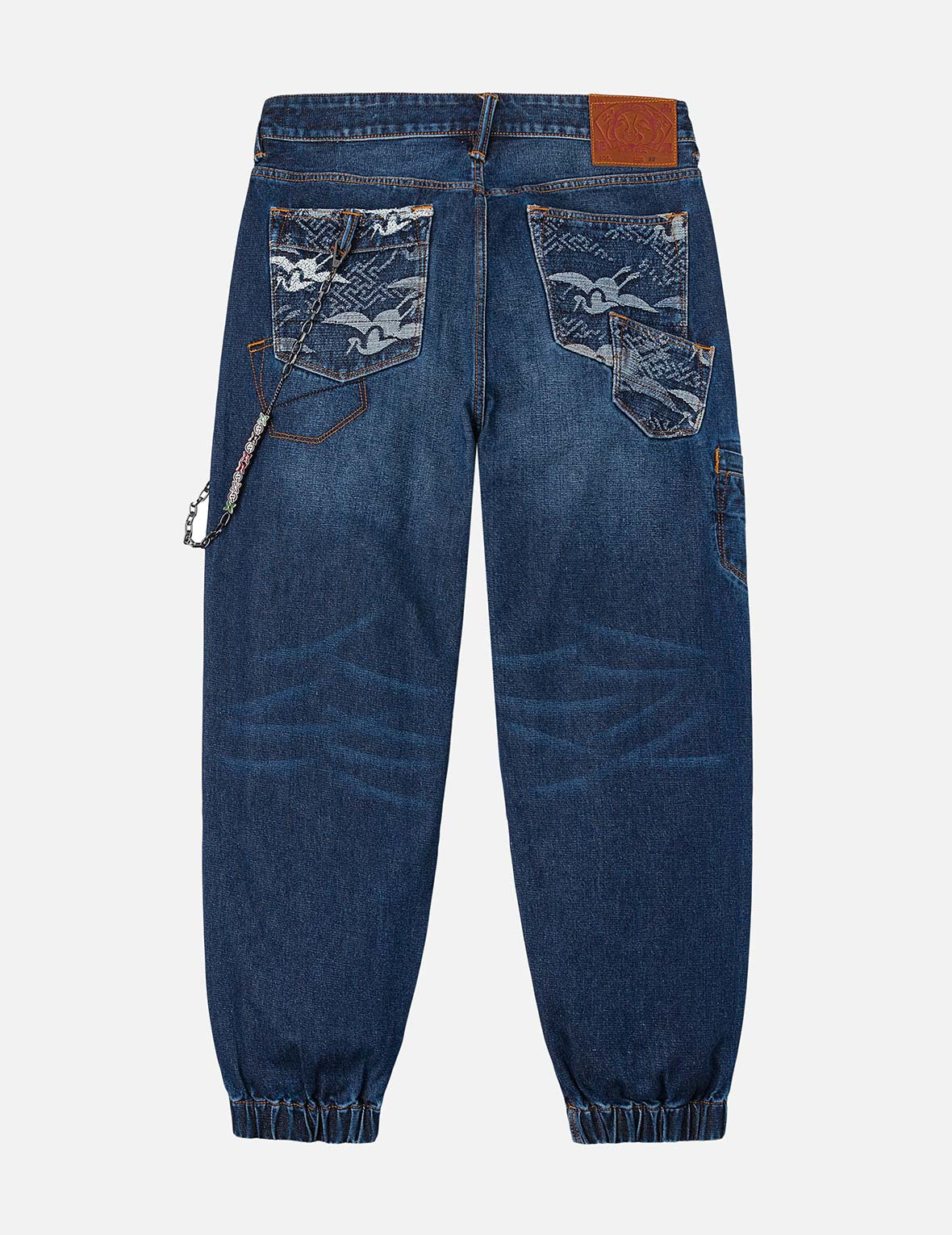 Multi-pocket and Seagull Crane Print Loose Fit Washed Denim Joggers - 2