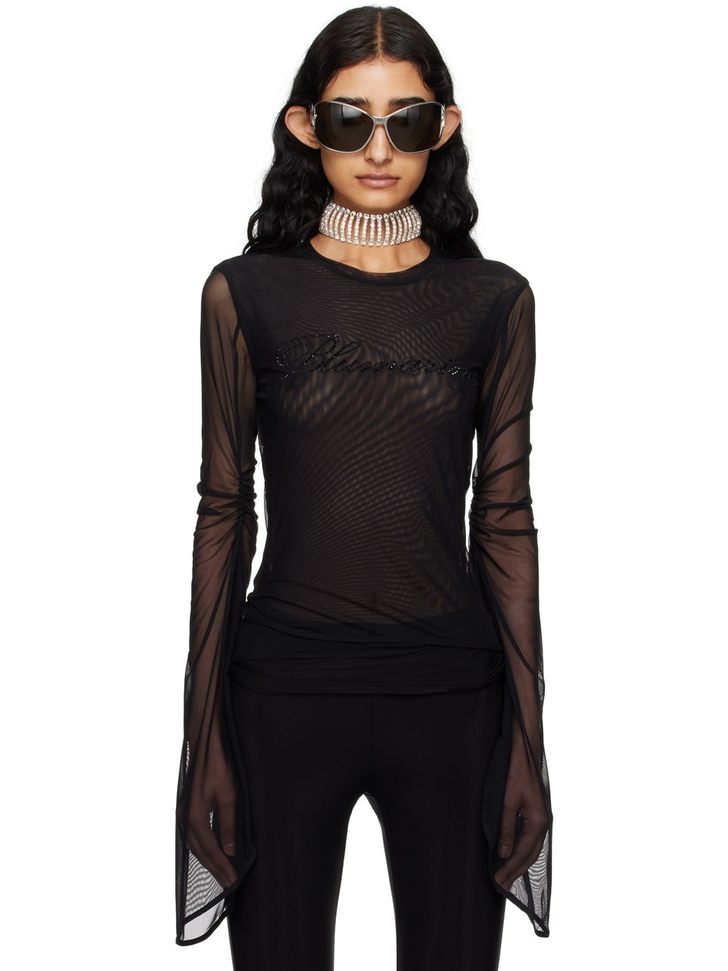 Black Crystal-Cut Long Sleeve T-Shirt - 1