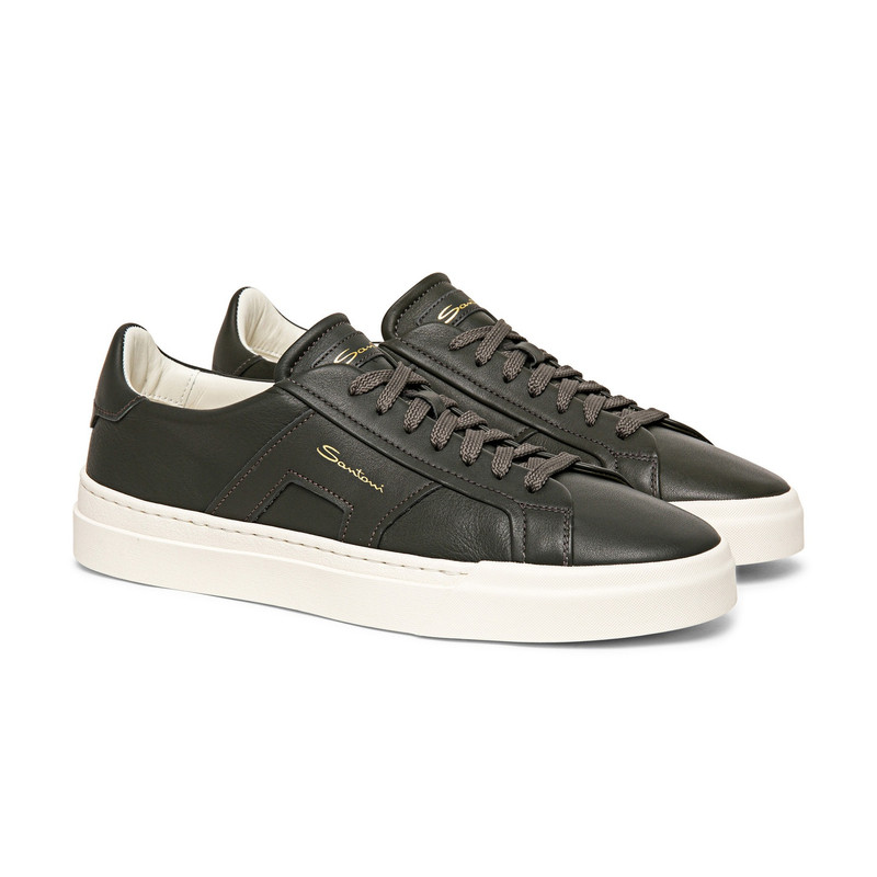 Santoni Men’s green leather double buckle sneaker outlook