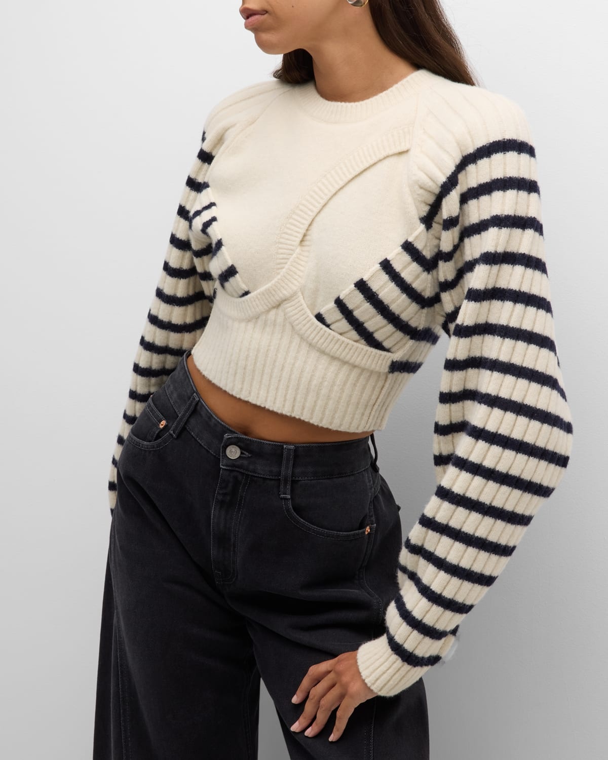 Ribbed Mariniere Cropped Knit Pullover - 7