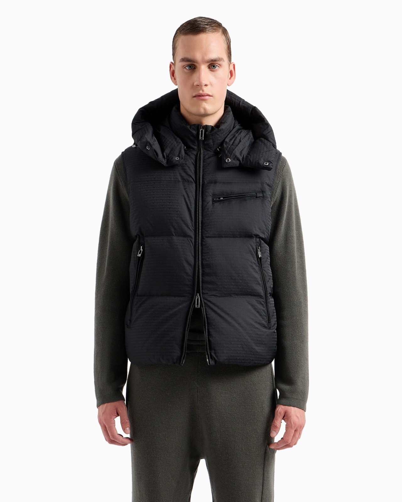 Zipped, hooded sleeveless down jacket in jacquard nylon with all-over logo lettering - 2
